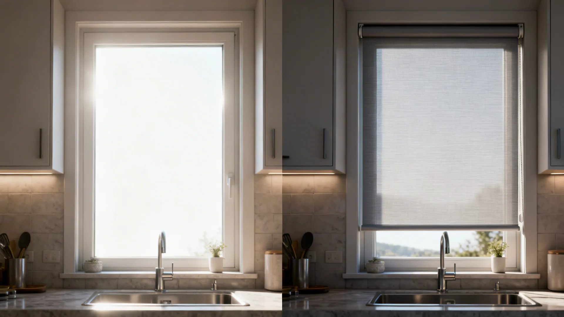 Before and after comparison of a kitchen window with and without a gray roller shade