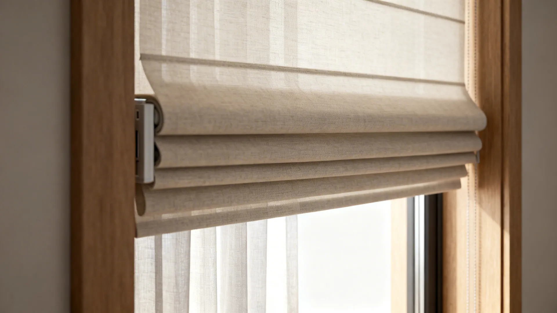 Close-up of a light-filtering roller blind layered with a sheer curtain