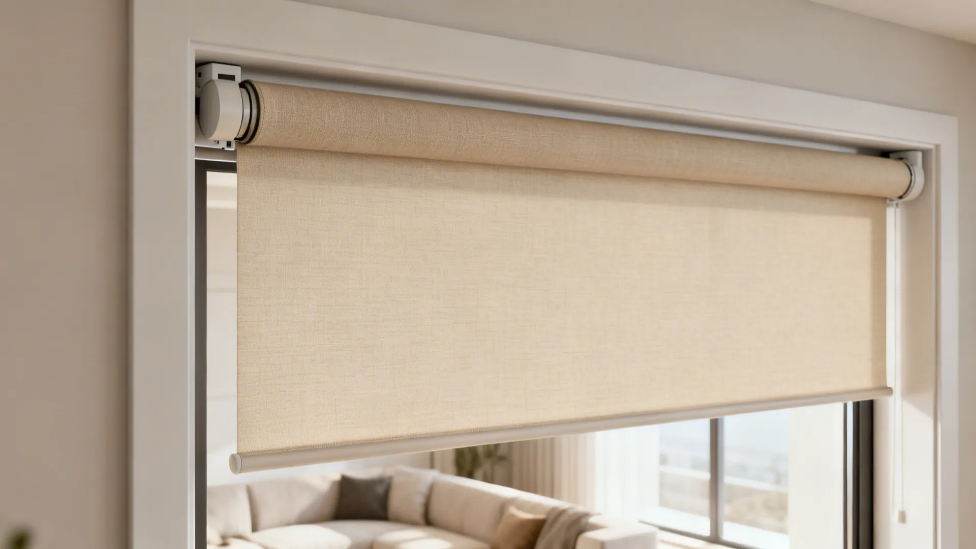 Close up of a beige roller blind installed on a white window frame in a room