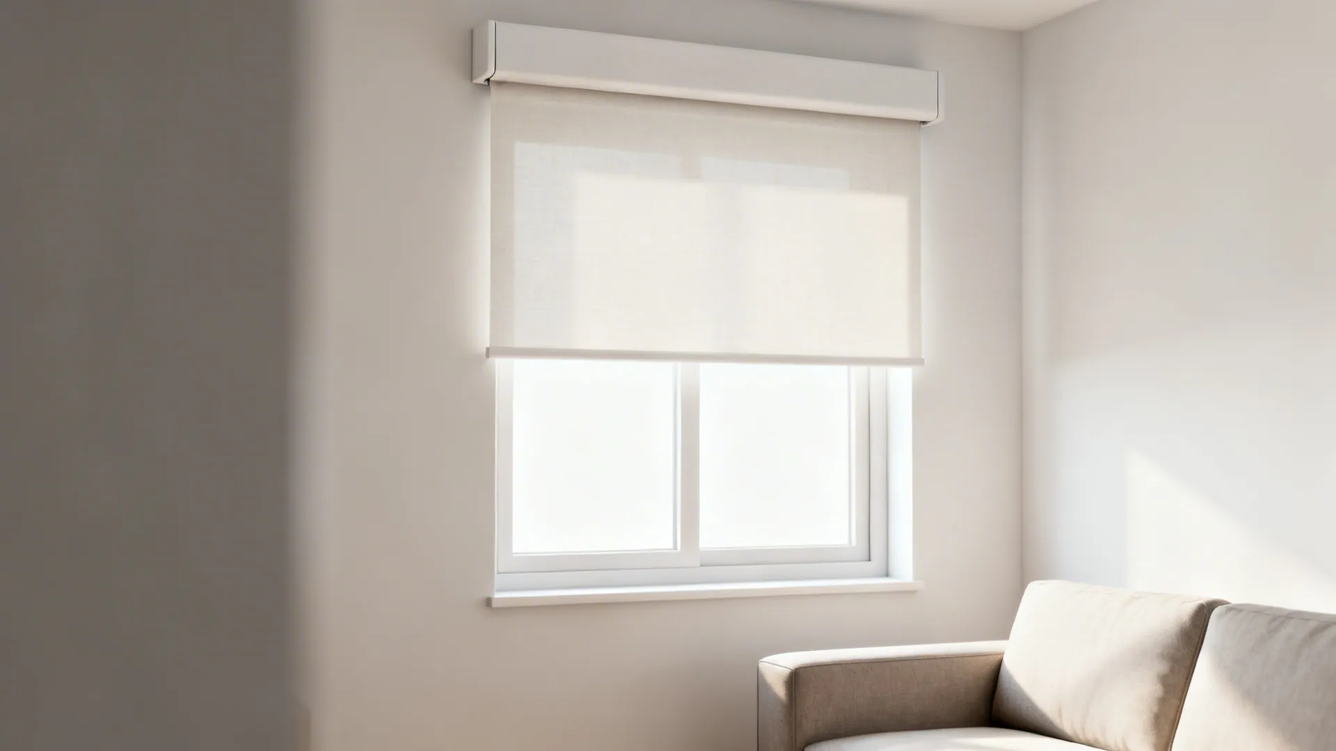 Window with a light-filtering roller blind and narrow valance in a minimalist small living room