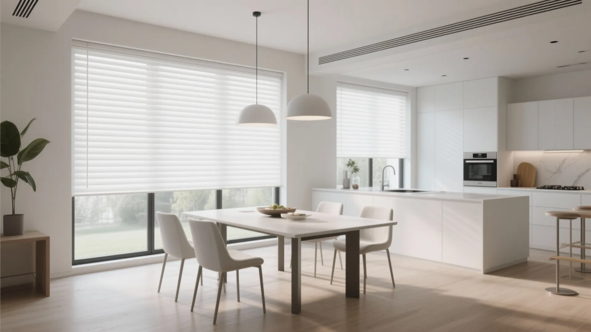 Modern white dining room with roller blinds wooden table chairs white kitchen cabinets and ceiling light