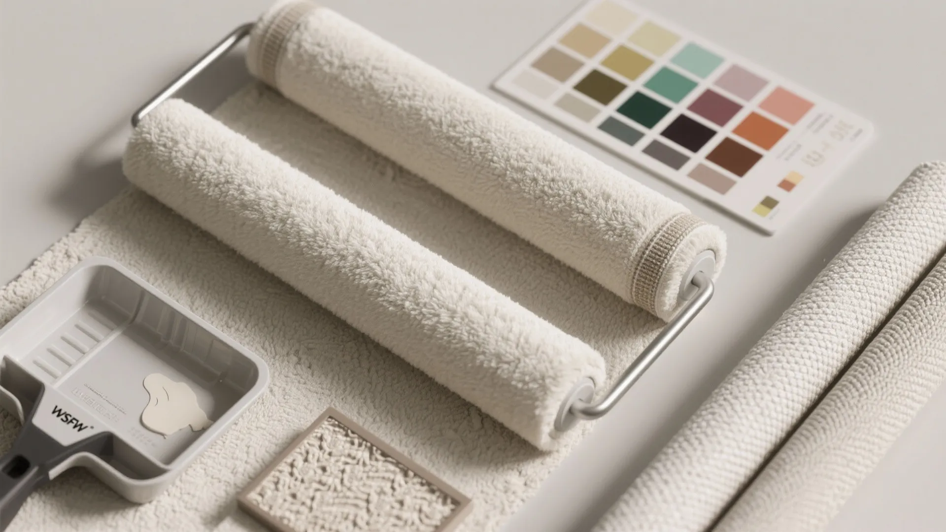 Two white fluffy paint rollers placed near a color palette card and a paint tray