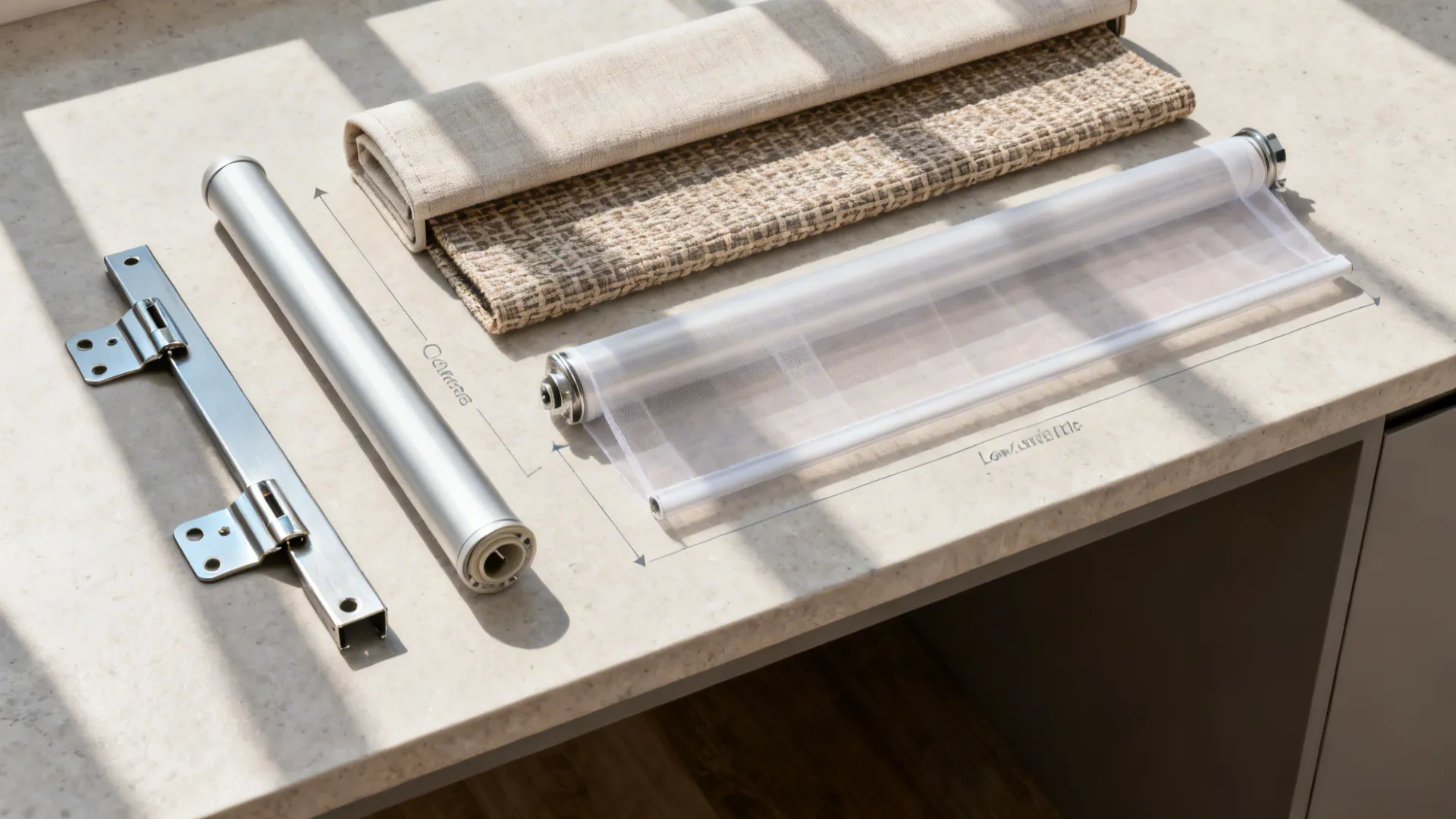 Top-down view of roller shade and valance components with low-profile brackets.