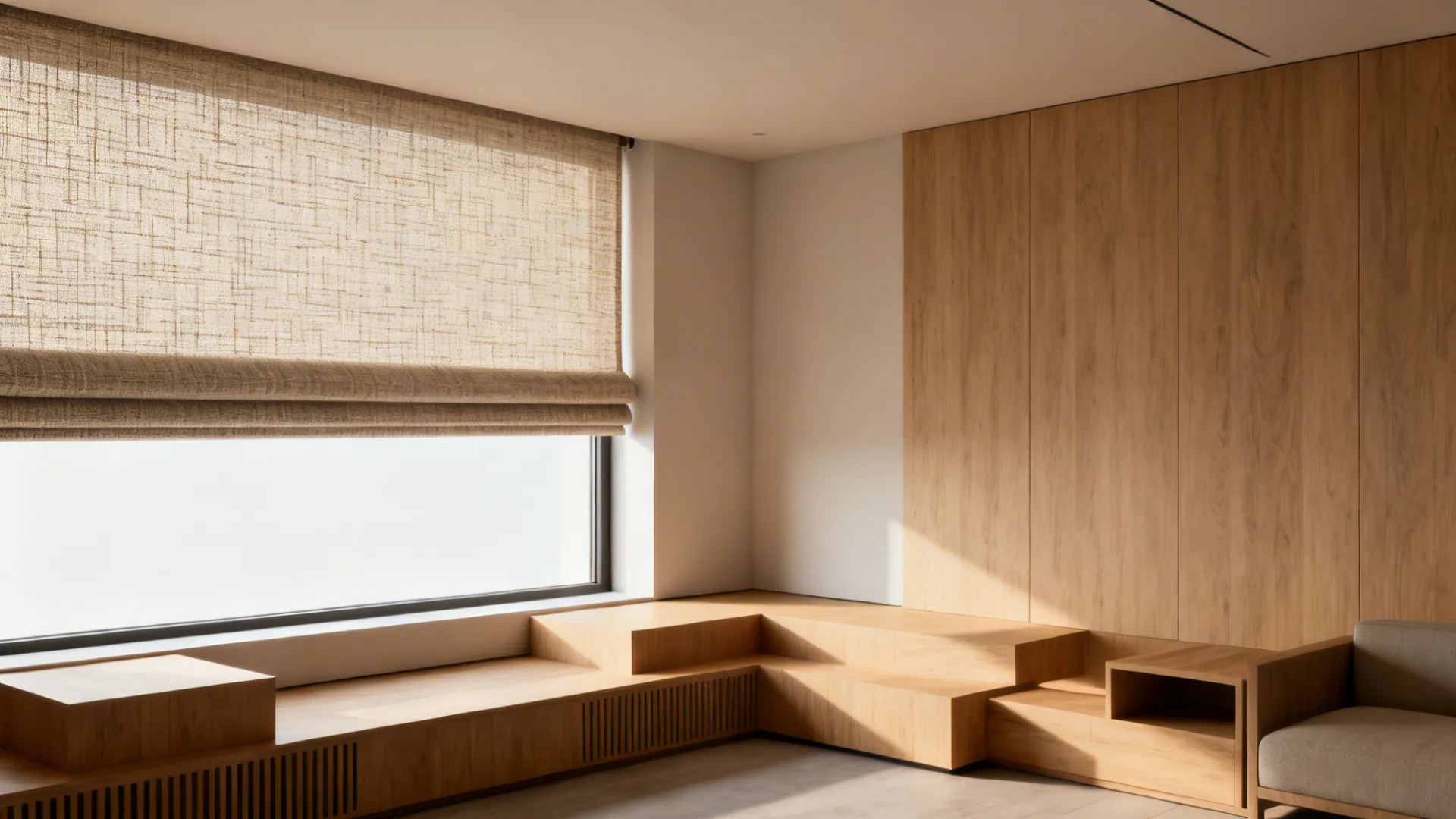 Living room with a light-filtering roller blind diffusing daylight over minimalist decor