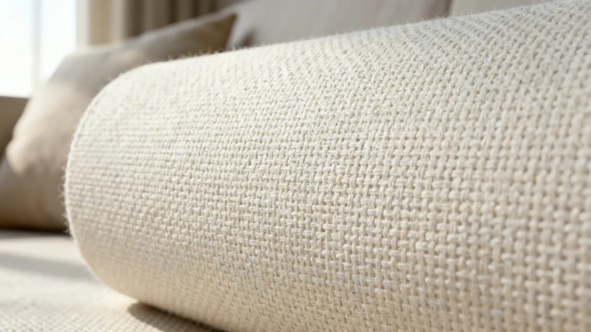 Macro of subtle off-white linen roller texture with tight crosshatch pattern.