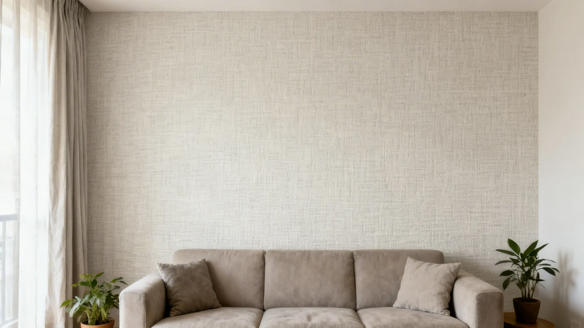Subtle linen roller texture in off-white behind a sofa in a bright Indian rental living room.