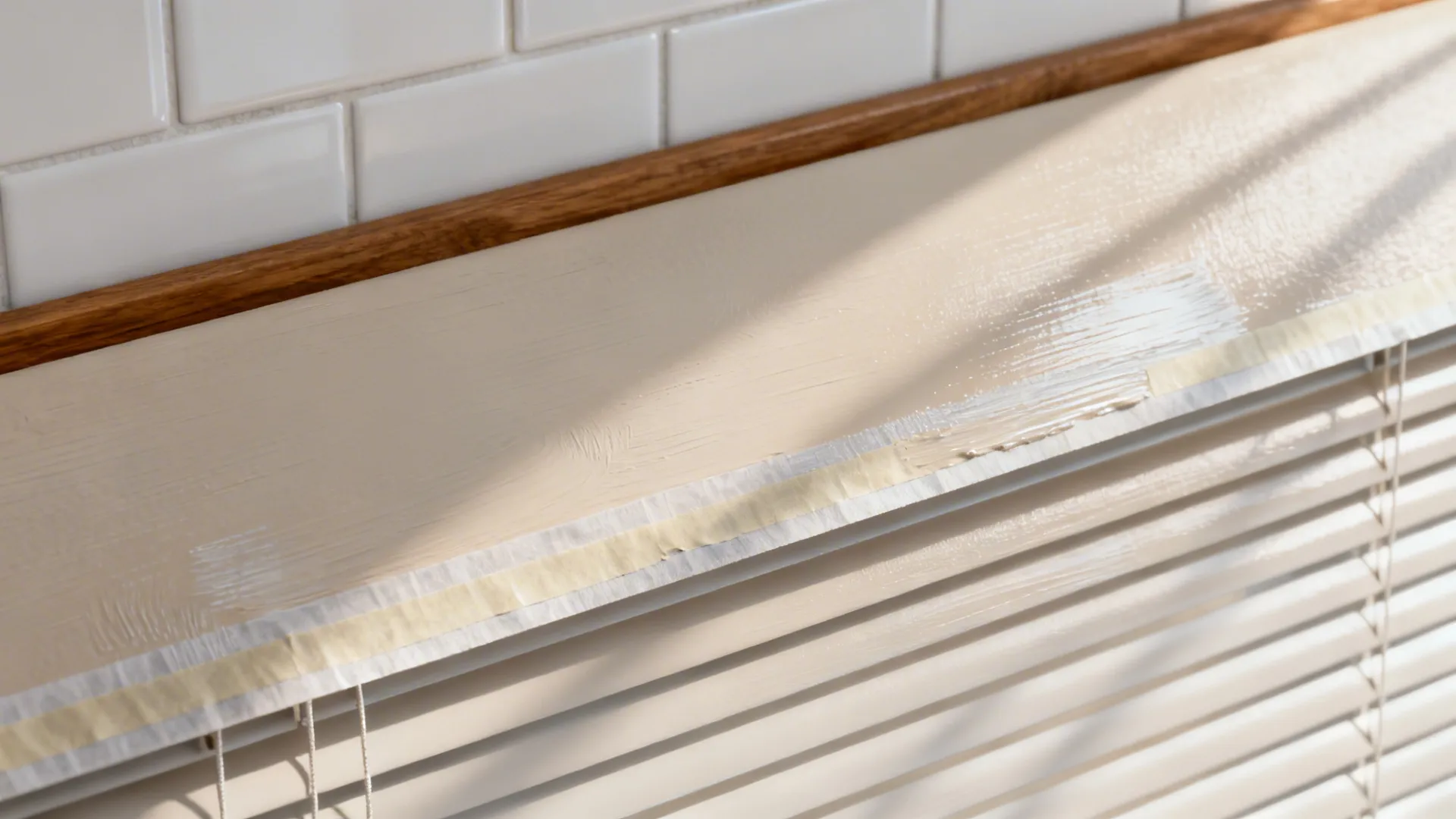 Close-up of matte acrylic paint lines on a vinyl roller blind with sealed finish.