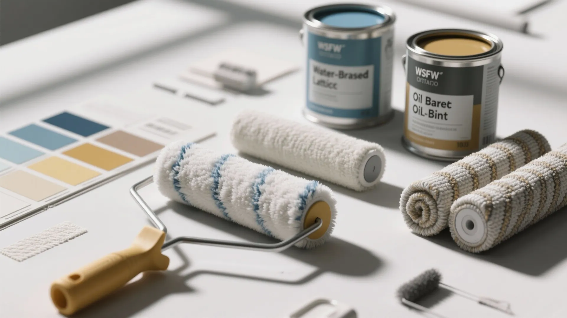 Flatlay of microfiber and woven roller covers with latex and oil paint cans and swatches.