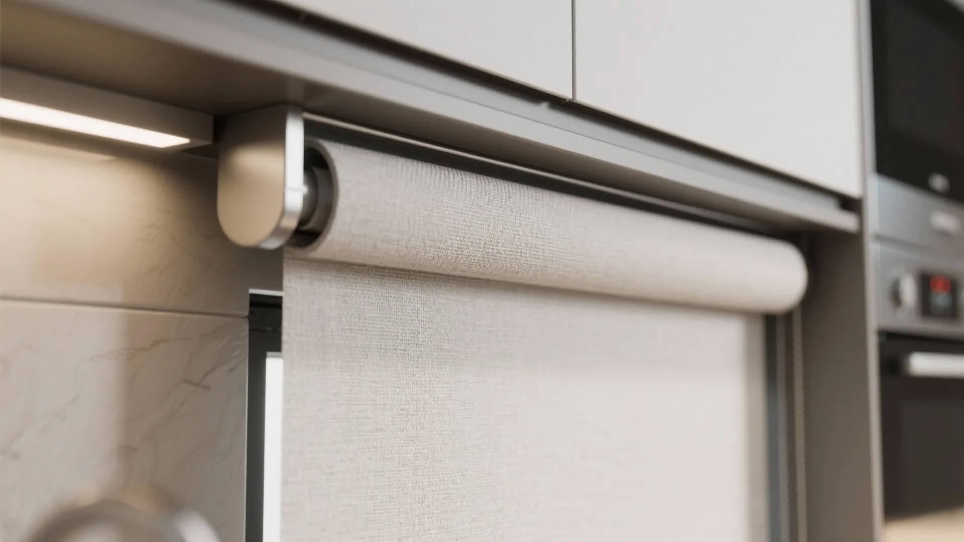 Close up view of a fabric window shade being installed under grey kitchen wall cabinets