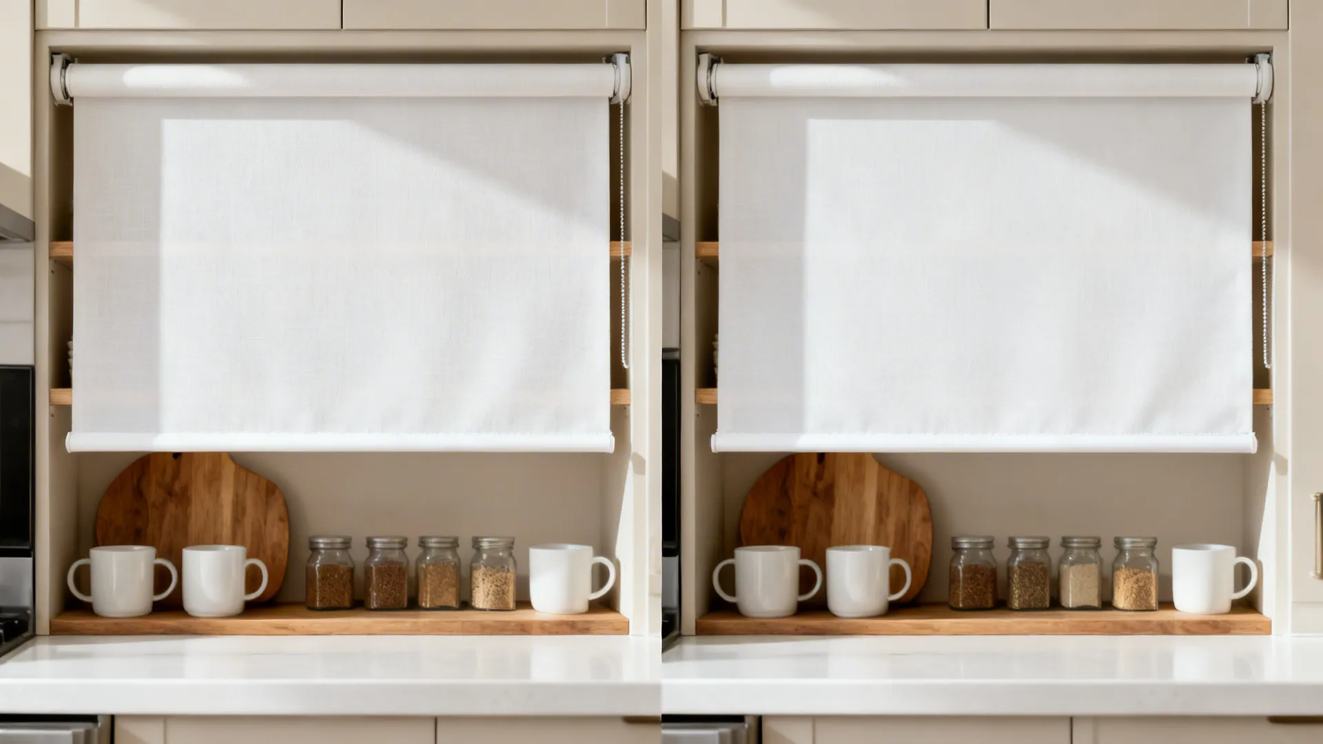 Before-and-after of open shelf versus the same shelf concealed by a roller shade.
