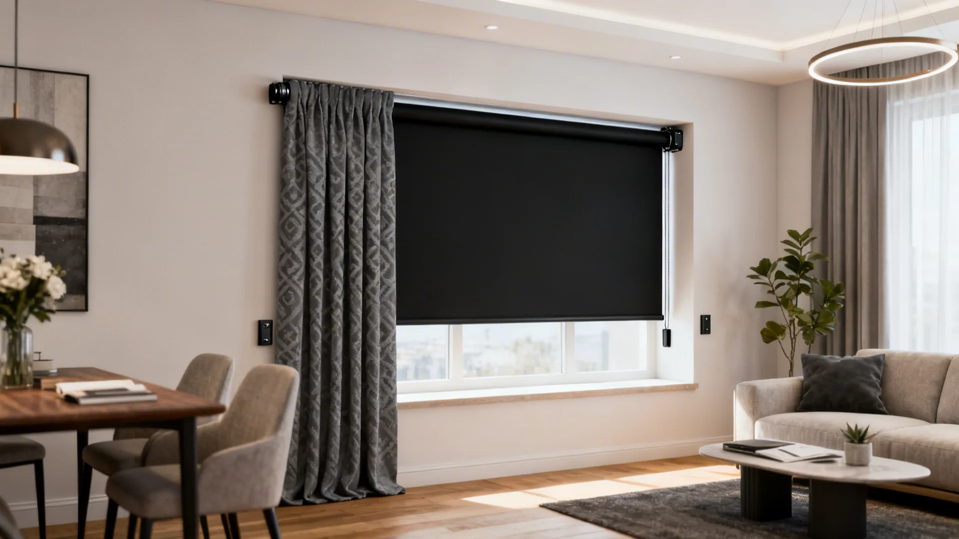 Slim black blackout roller shade hidden behind decorative grey drapes in an open-plan living area