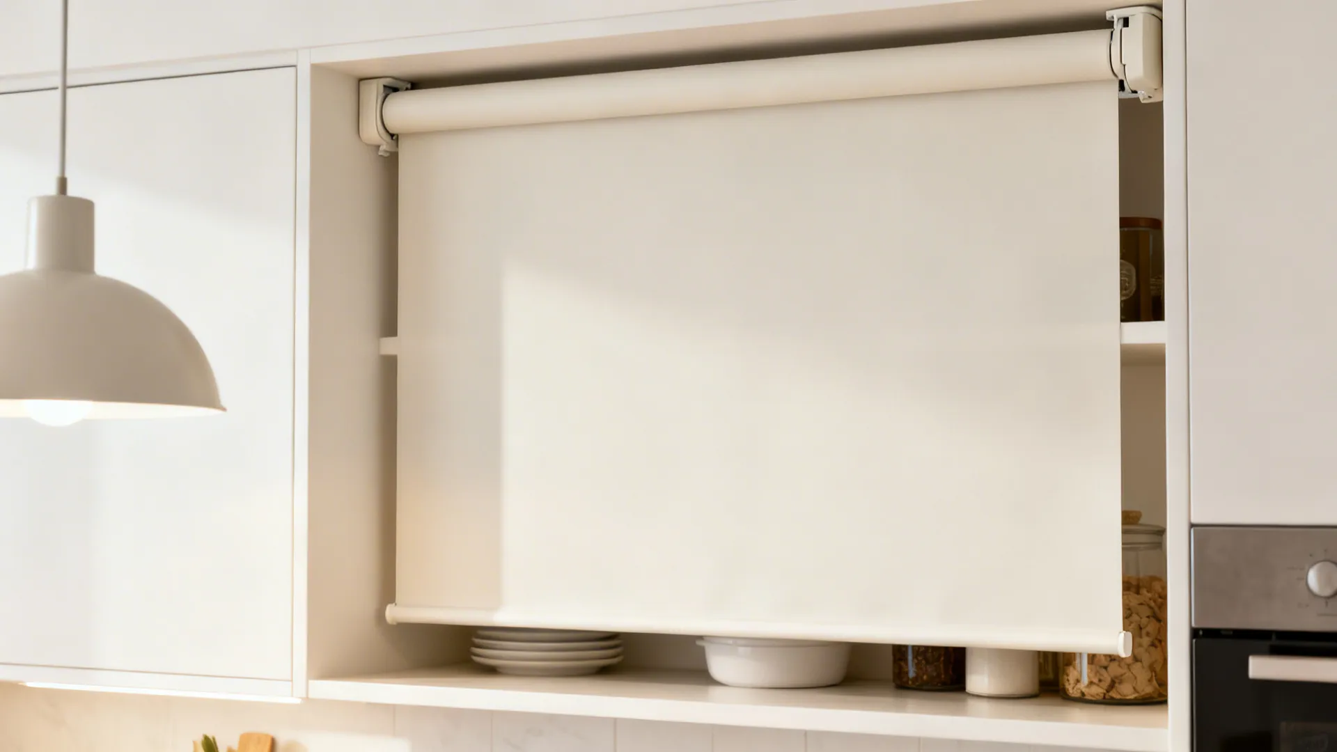 Inside-mount matte vinyl roller shade concealing a small kitchen shelf bay.