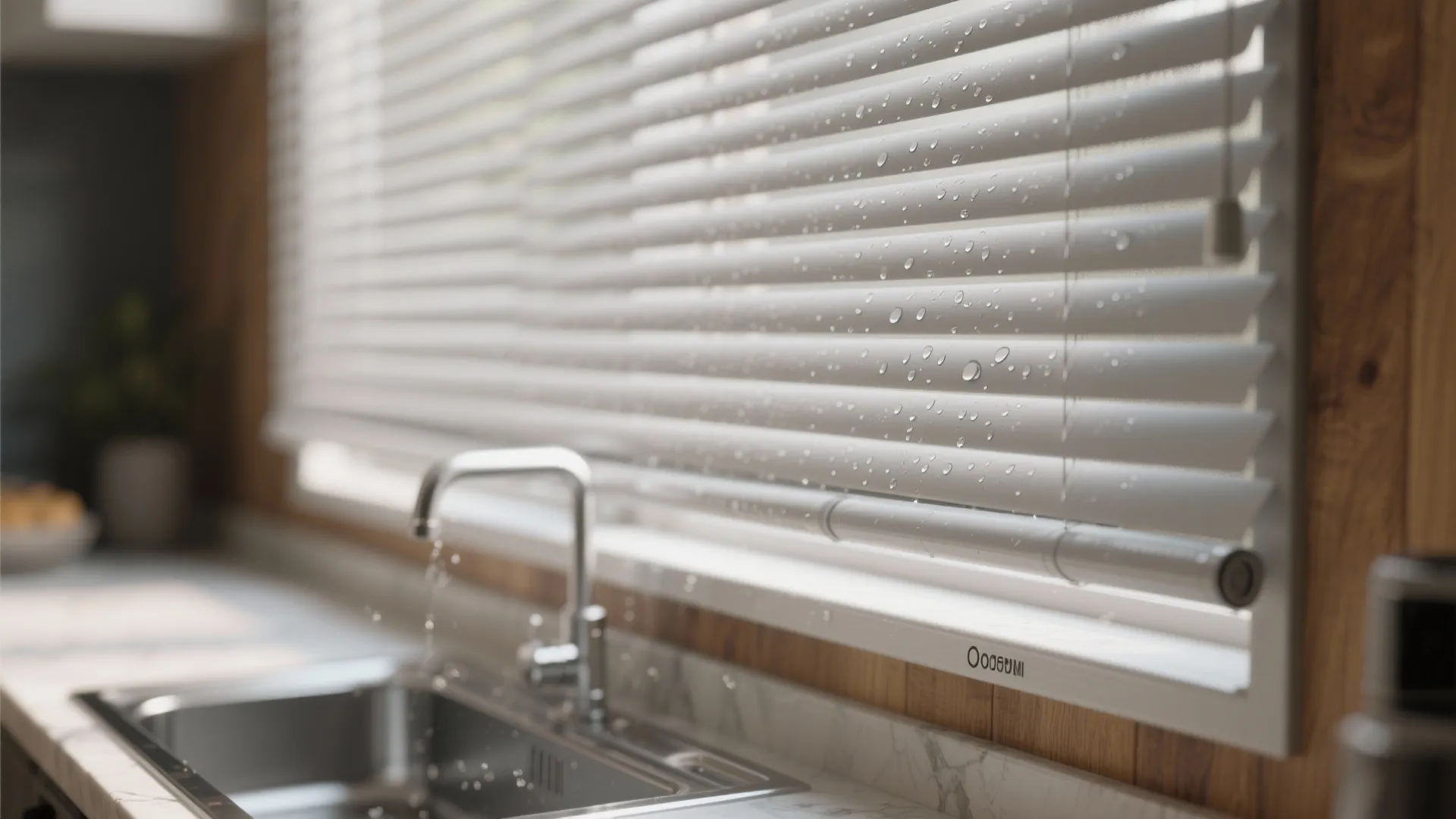 1. Roller shades with a water-resistant fabric