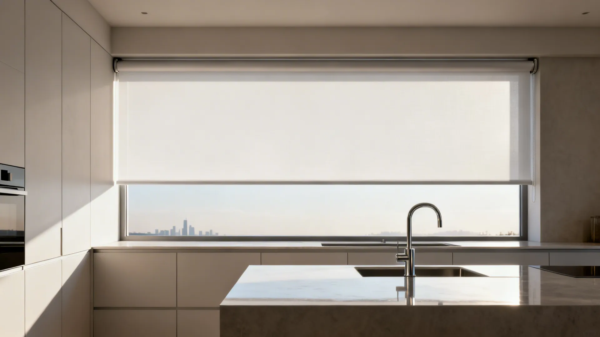 Modern kitchen with white cabinets, stone island, and large window featuring a white roller shade