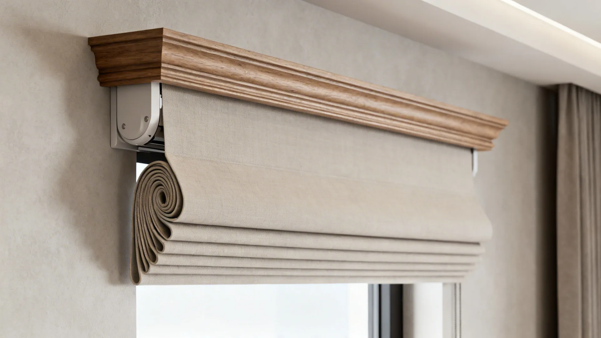 Motorized roller shade tucked under a decorative wooden valance in a modern living room