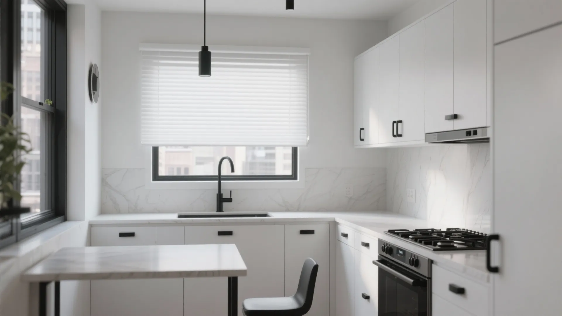 Minimalist white kitchen with black faucet white window blinds white cabinets marble backsplash and light