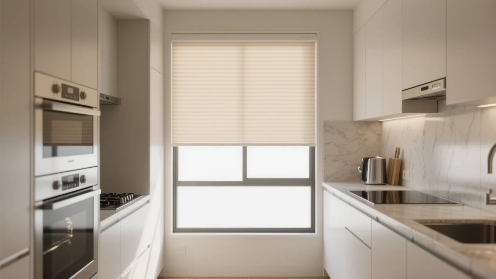 Modern white kitchen with beige window shades built in oven marble countertop and clean minimalist design