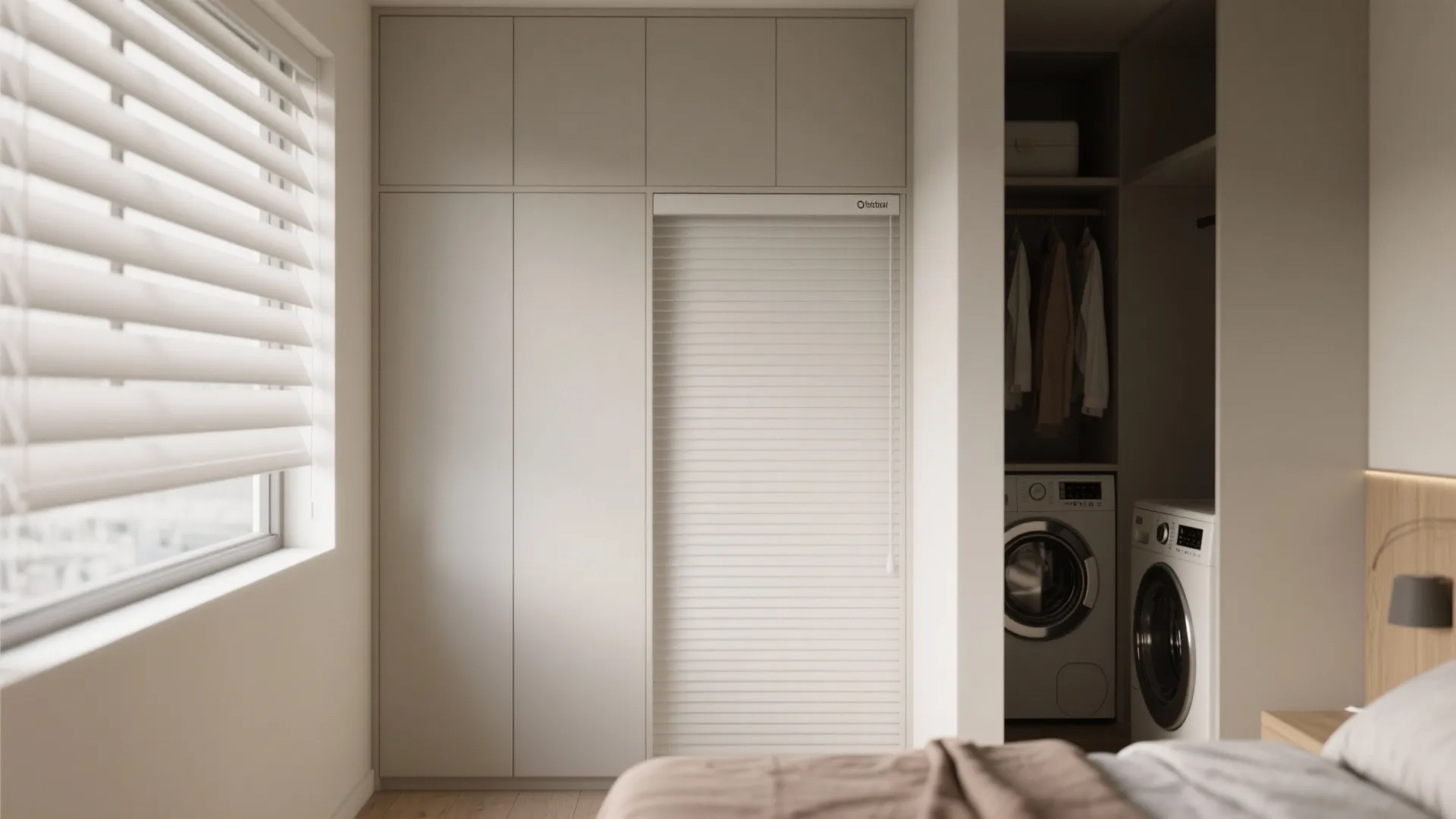 White built-in bedroom cabinet with a roller door next to a laundry area with machines