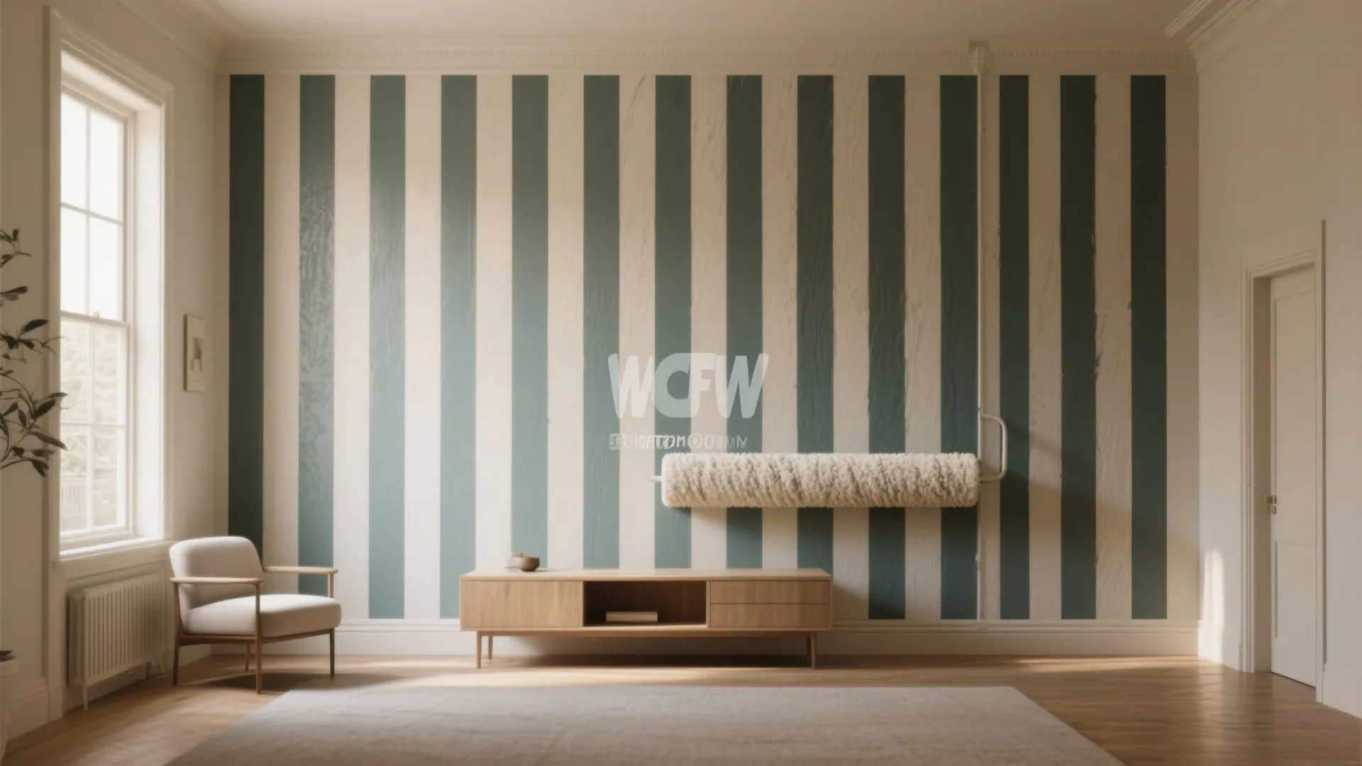 Living room with vertical striped wall design, wooden cabinet, white armchair, and large bright window