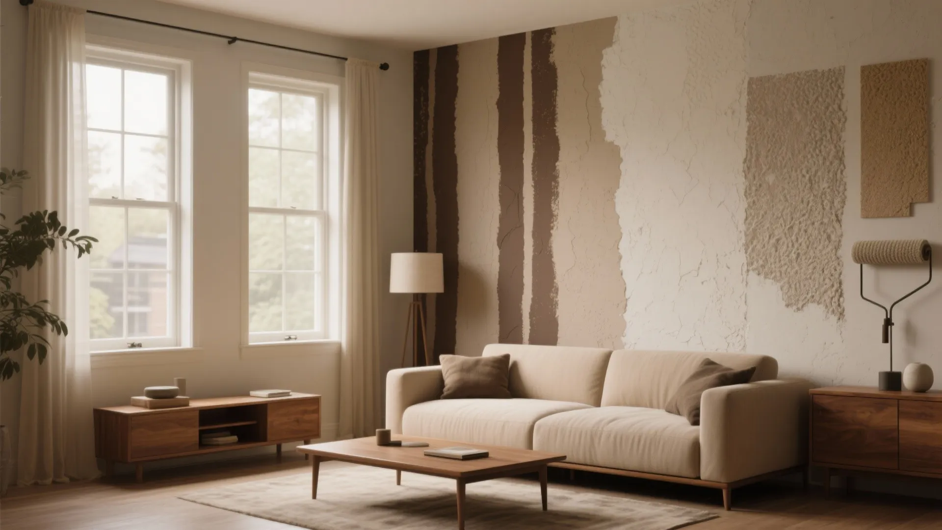 Bright living room showing a sofa coffee table floor lamp and artistic textured brown wall paint