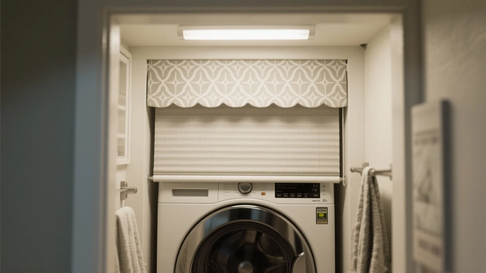 White washing machine under a patterned curtain and light fixture in a compact laundry nook
