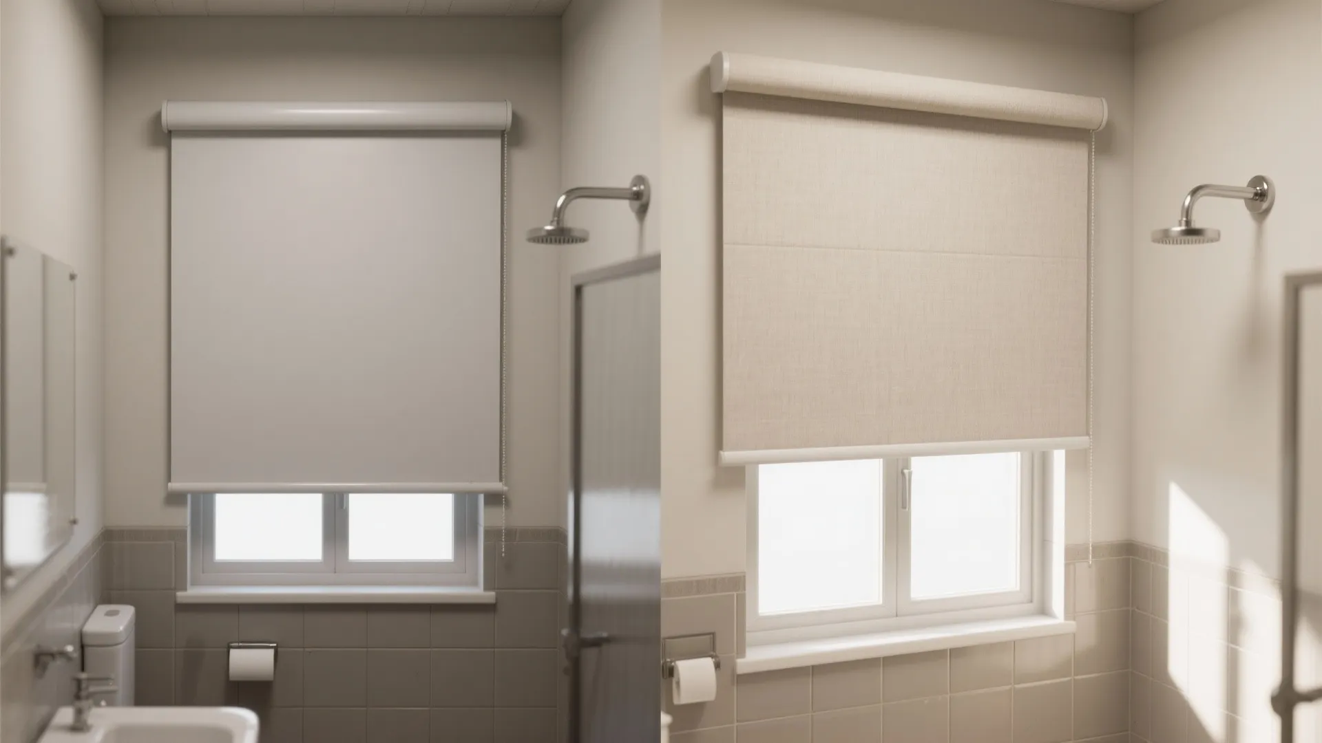 Before-and-after: waterproof roller shade alone vs with a slim neutral valance in a small bathroom.