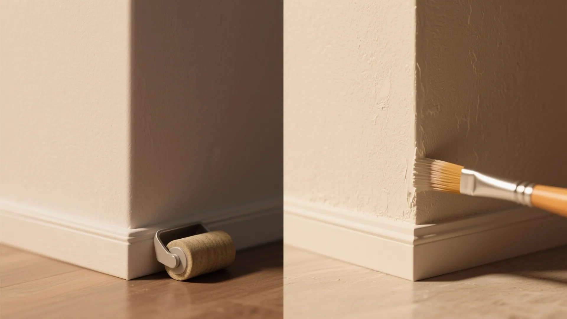 Side by side comparison showing small paint roller and a brush painting white wall corners