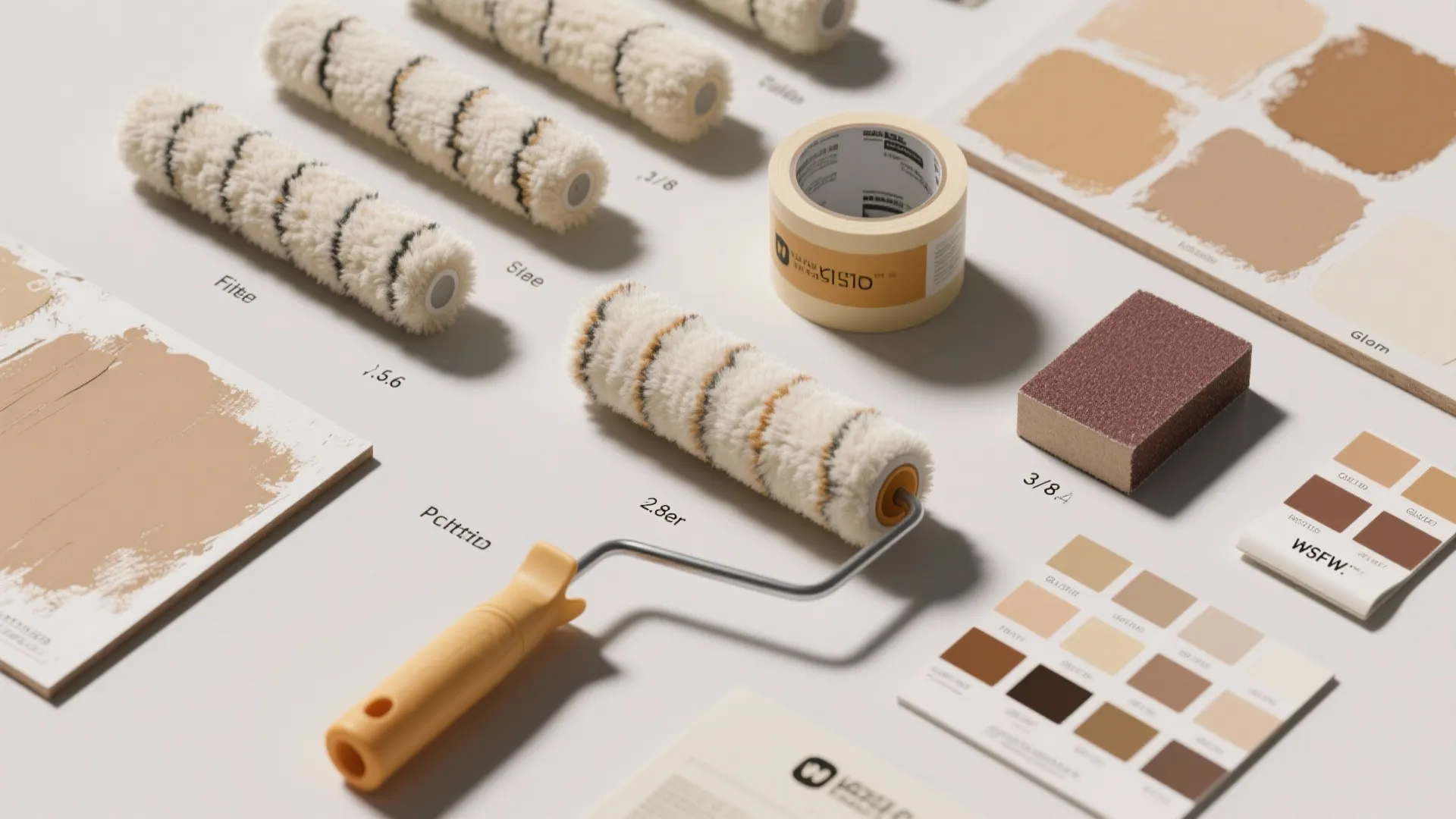 Flat lay of paint rollers masking tape sandpaper and neutral color swatches for home painting project
