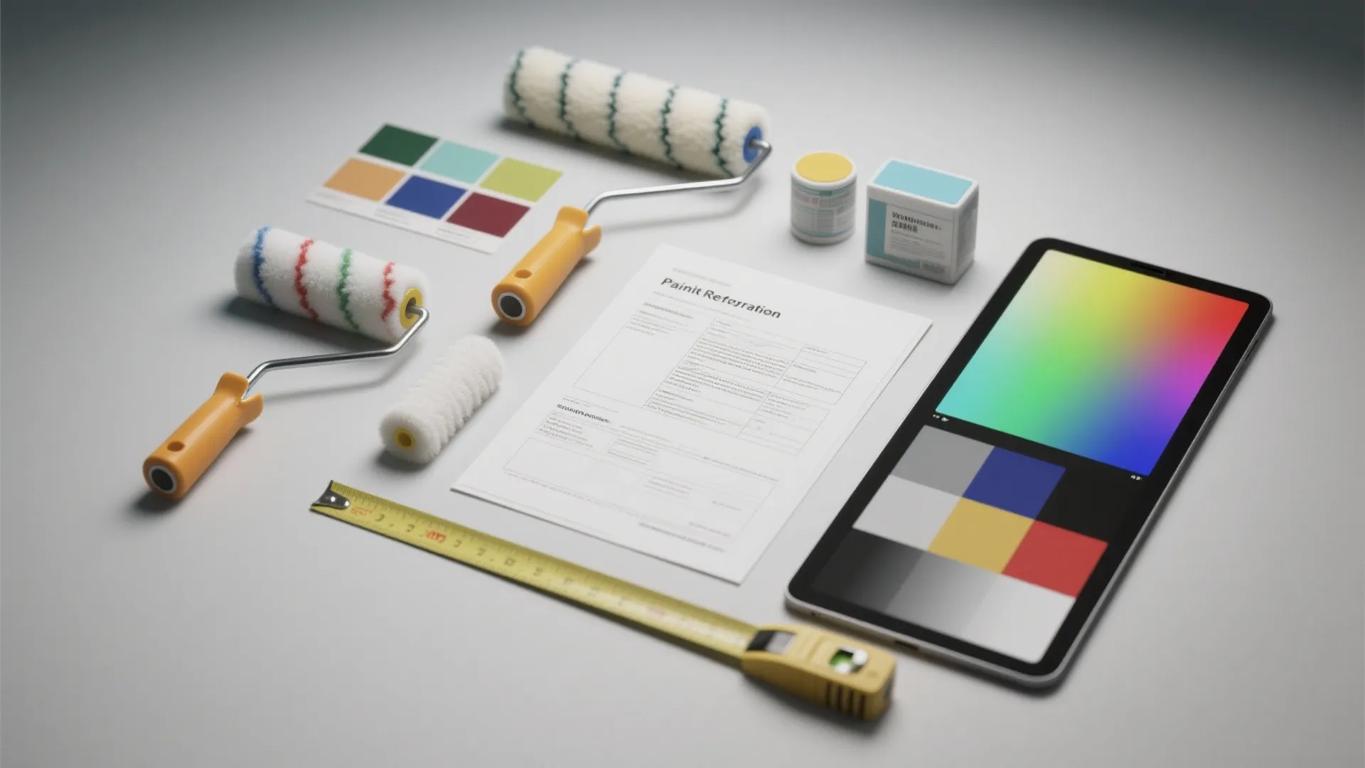 Collection of painting tools including rollers color swatches tape measure tablet and interior design papers