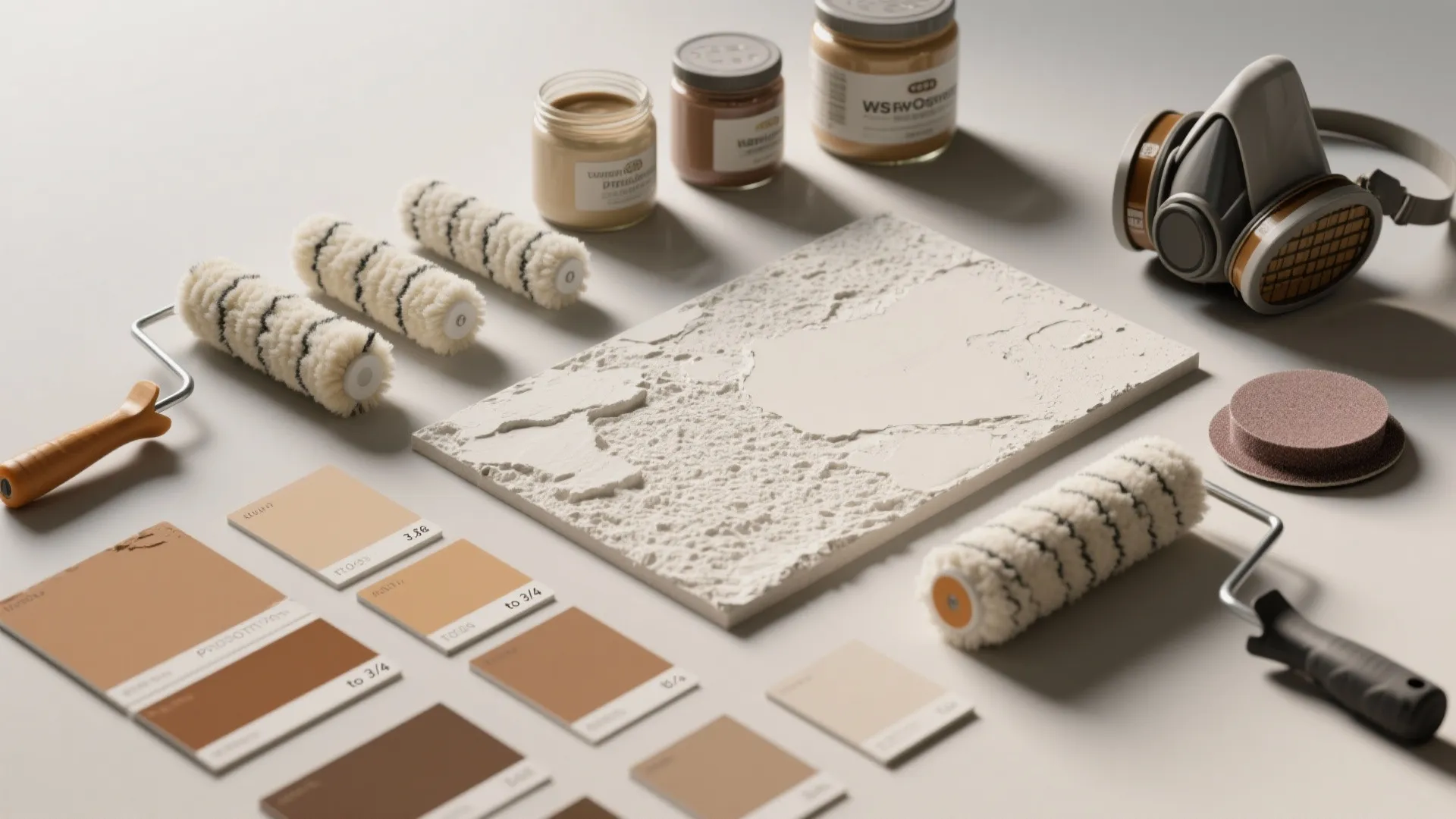 Painting tools including paint rollers, color swatches, jars of paint, and a protective face mask