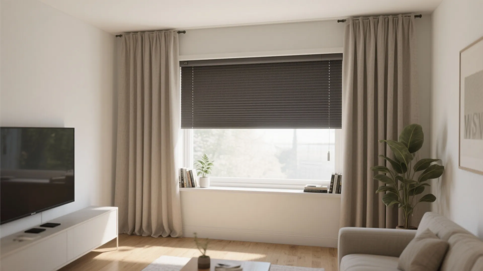 Modern living room with dark window blinds and light brown curtains beside a white cabinet