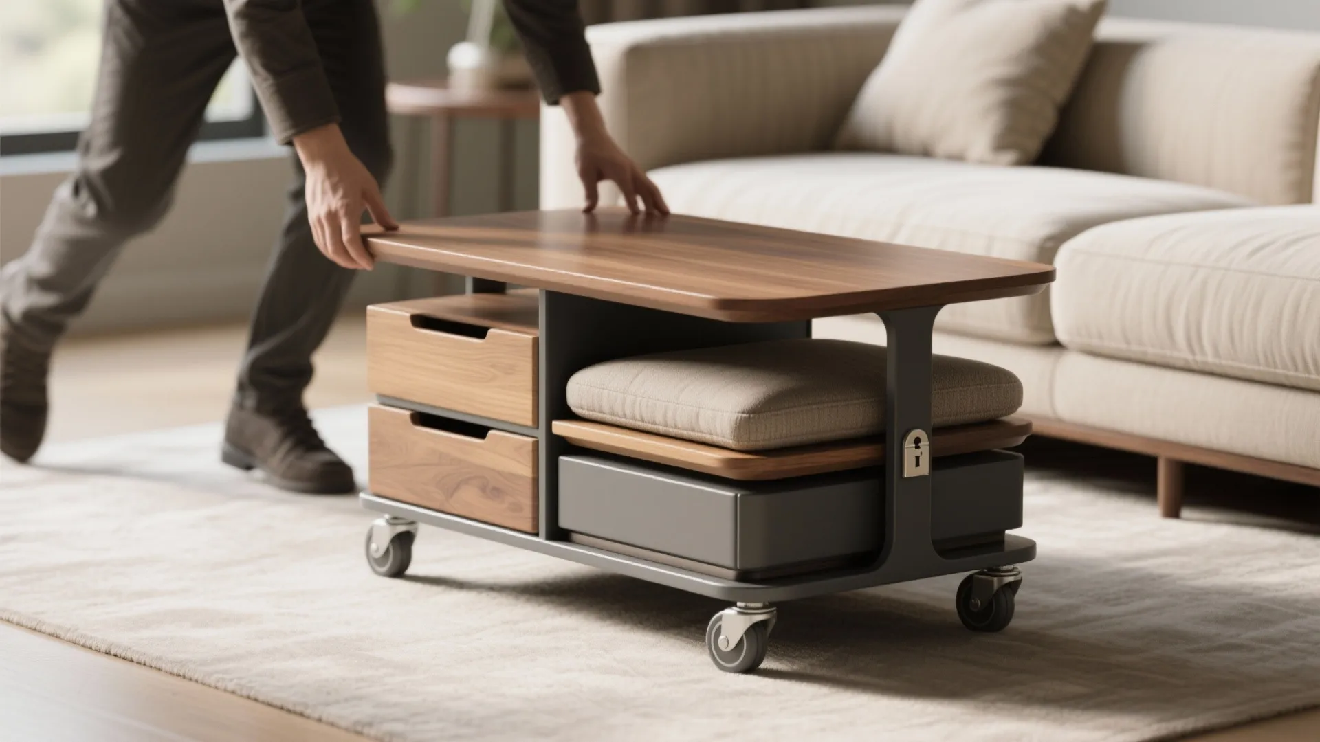 4. Modular rolling coffee table: move it, stack it, hide it