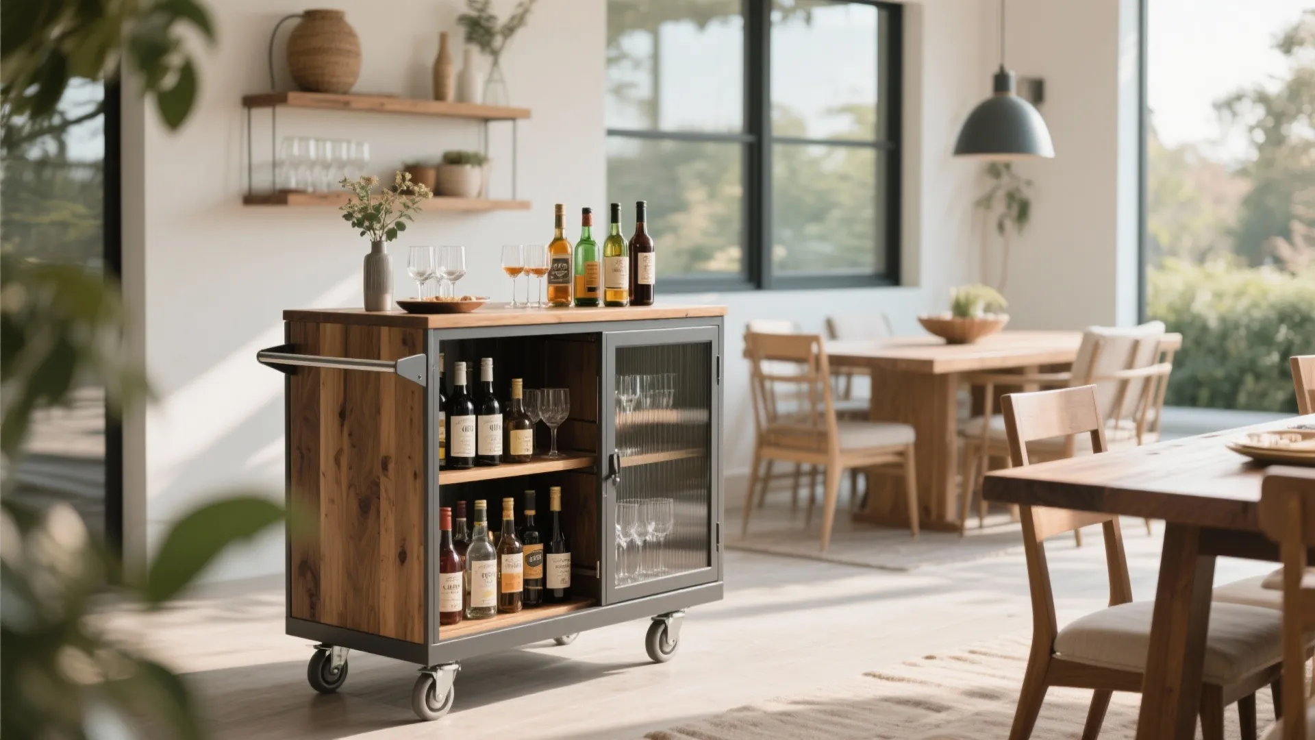 Wooden rolling bar cabinet with wheels storing wine bottles and glasses in bright dining room