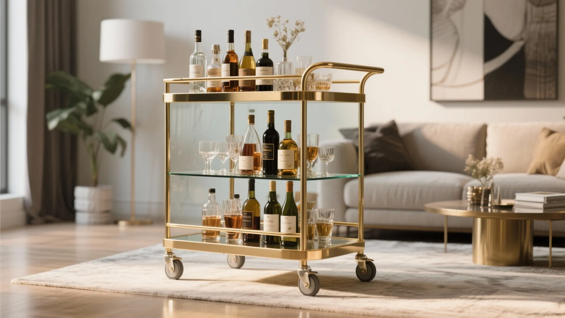 Rolling bar cart in stylish modern living room