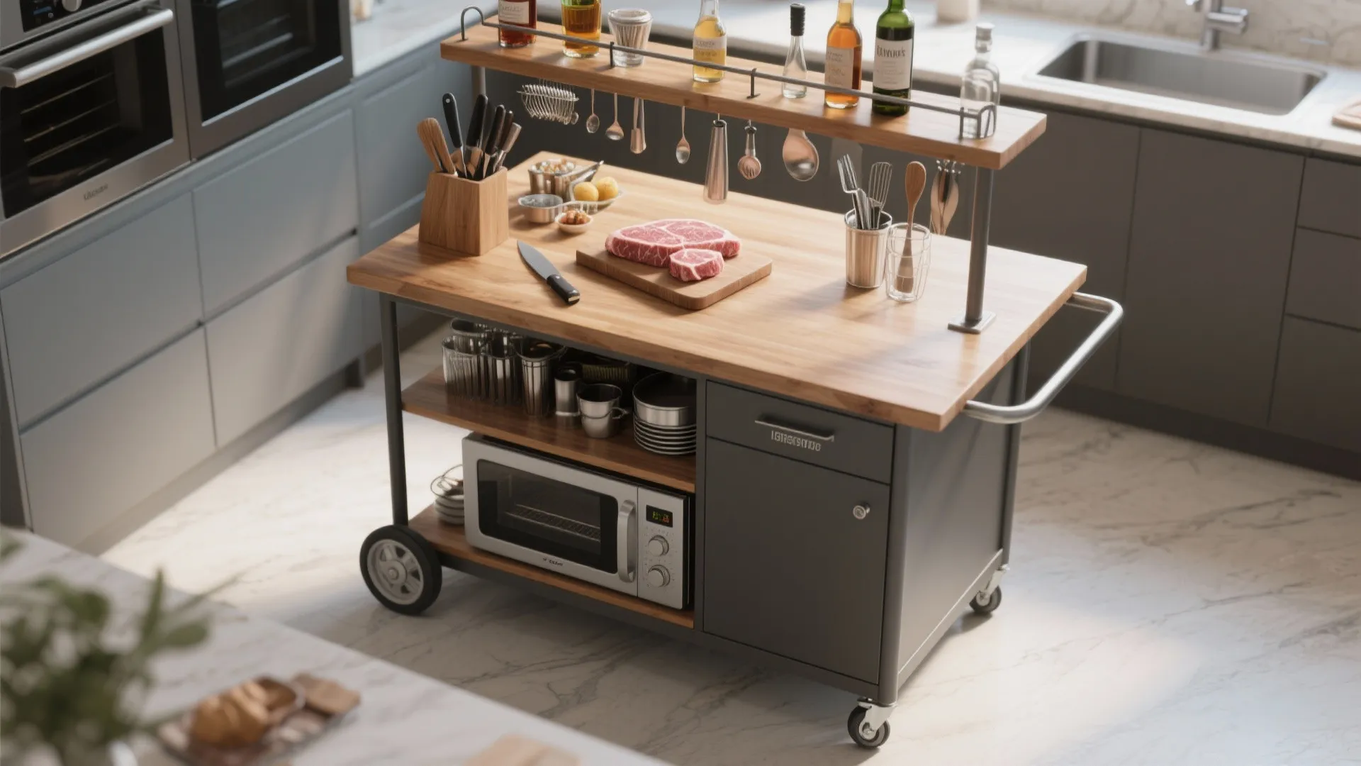 Top-down view of a slim rolling butcher-block bar cart with locking casters and hanging rail for tools.