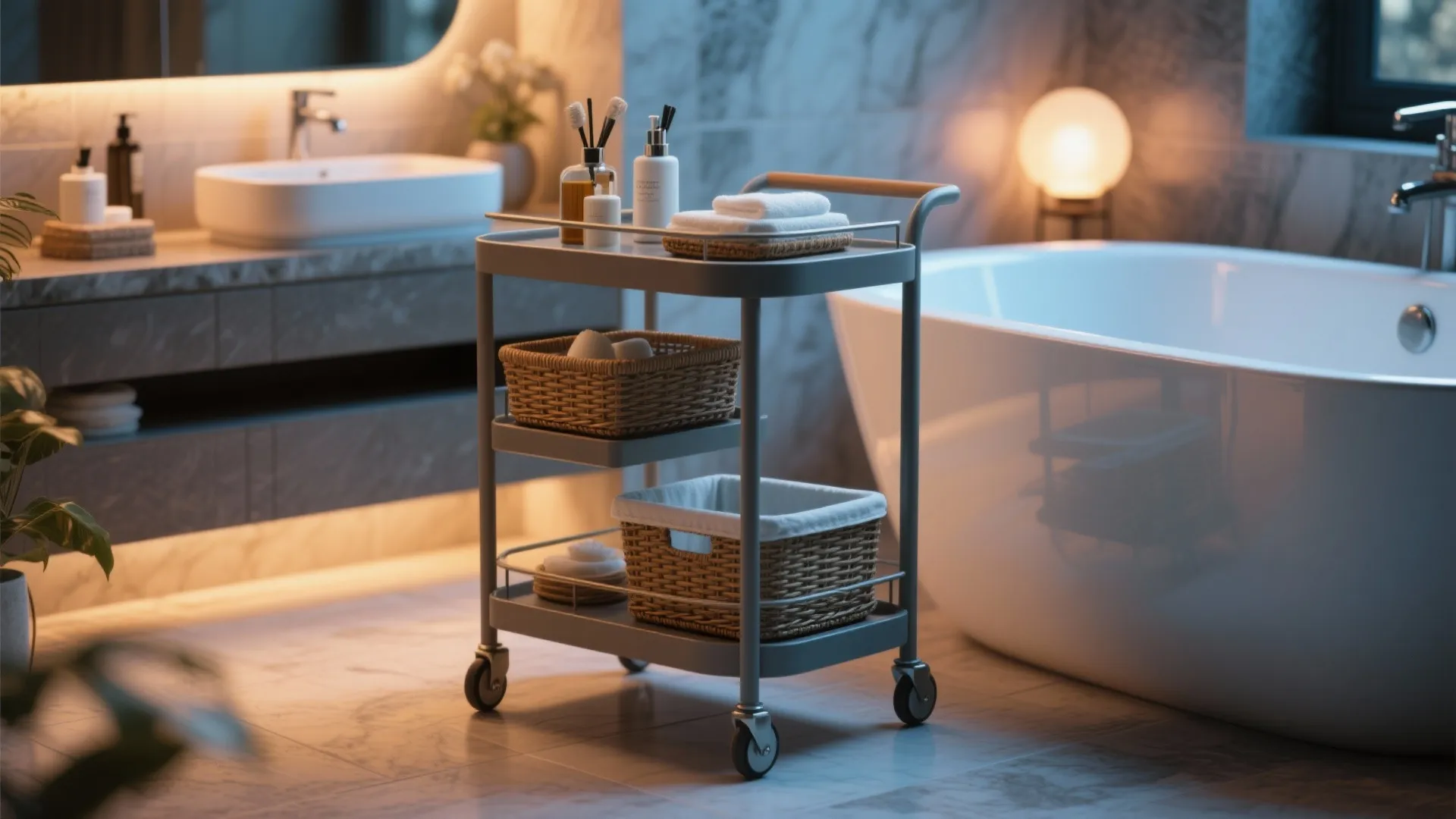 Grey three tier rolling storage cart with woven baskets in a modern bathroom with bathtub