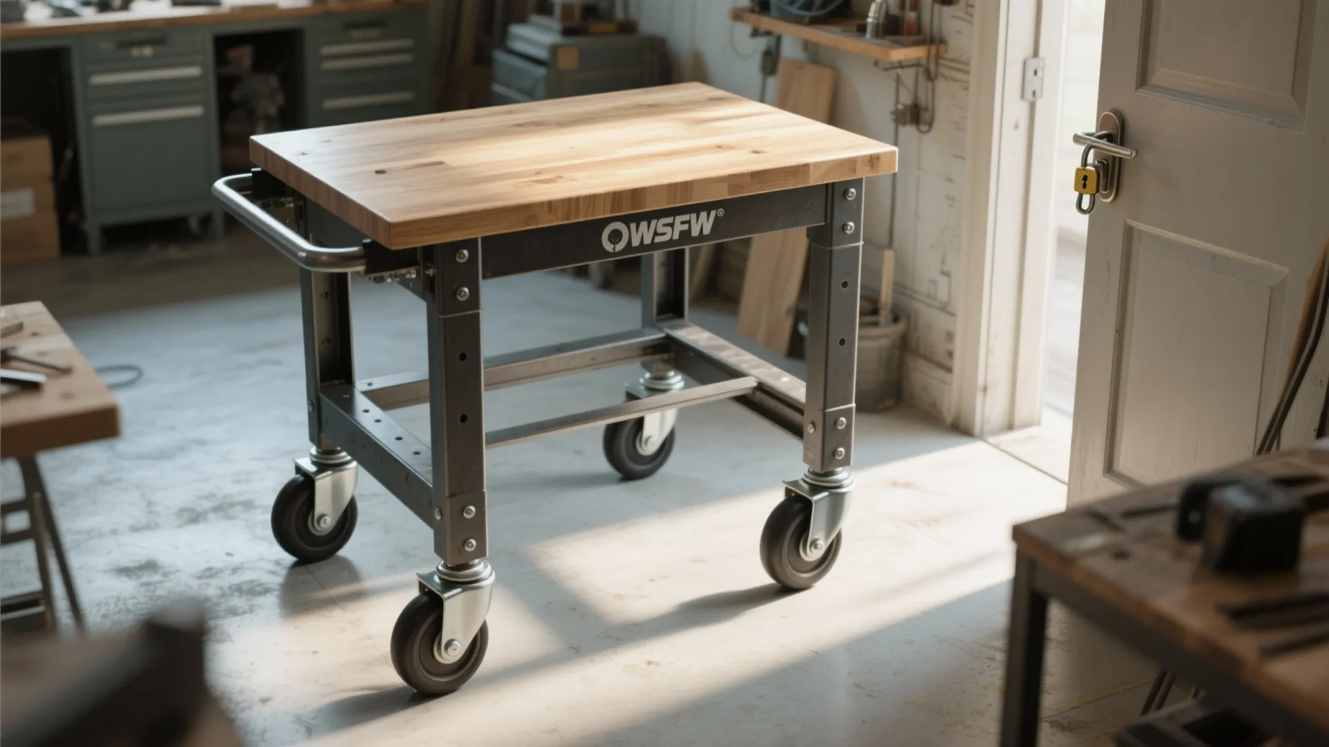 Rolling workbench on casters for flexible workflow