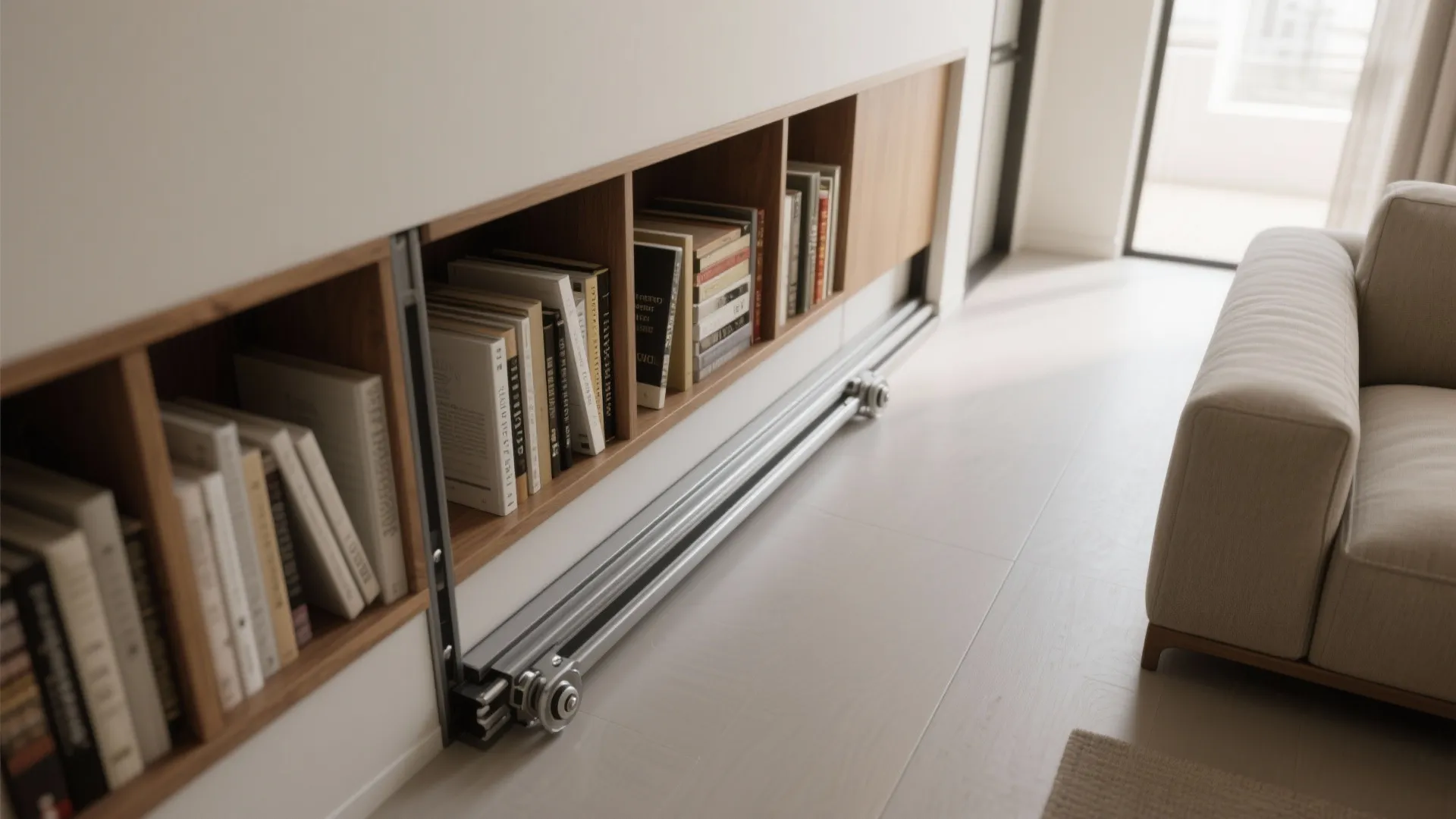 4. Narrow rolling bookcase on a hidden track