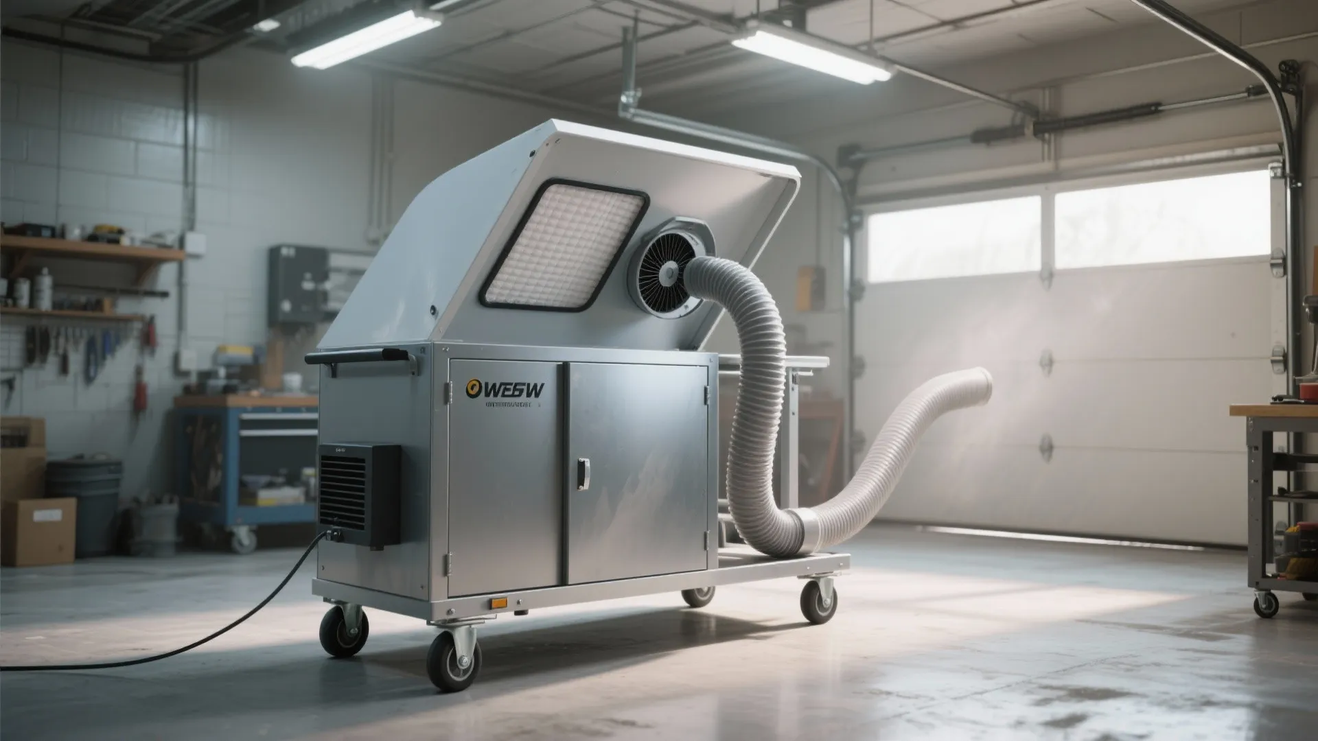 Portable air cleaner unit on wheels with ventilation hose parked inside a bright workshop garage