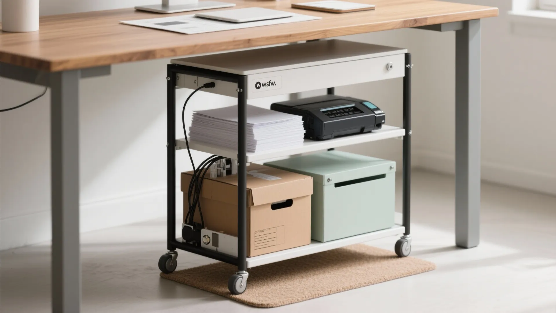 Three tier white rolling storage cart with wheels under a wooden desk holding office supplies