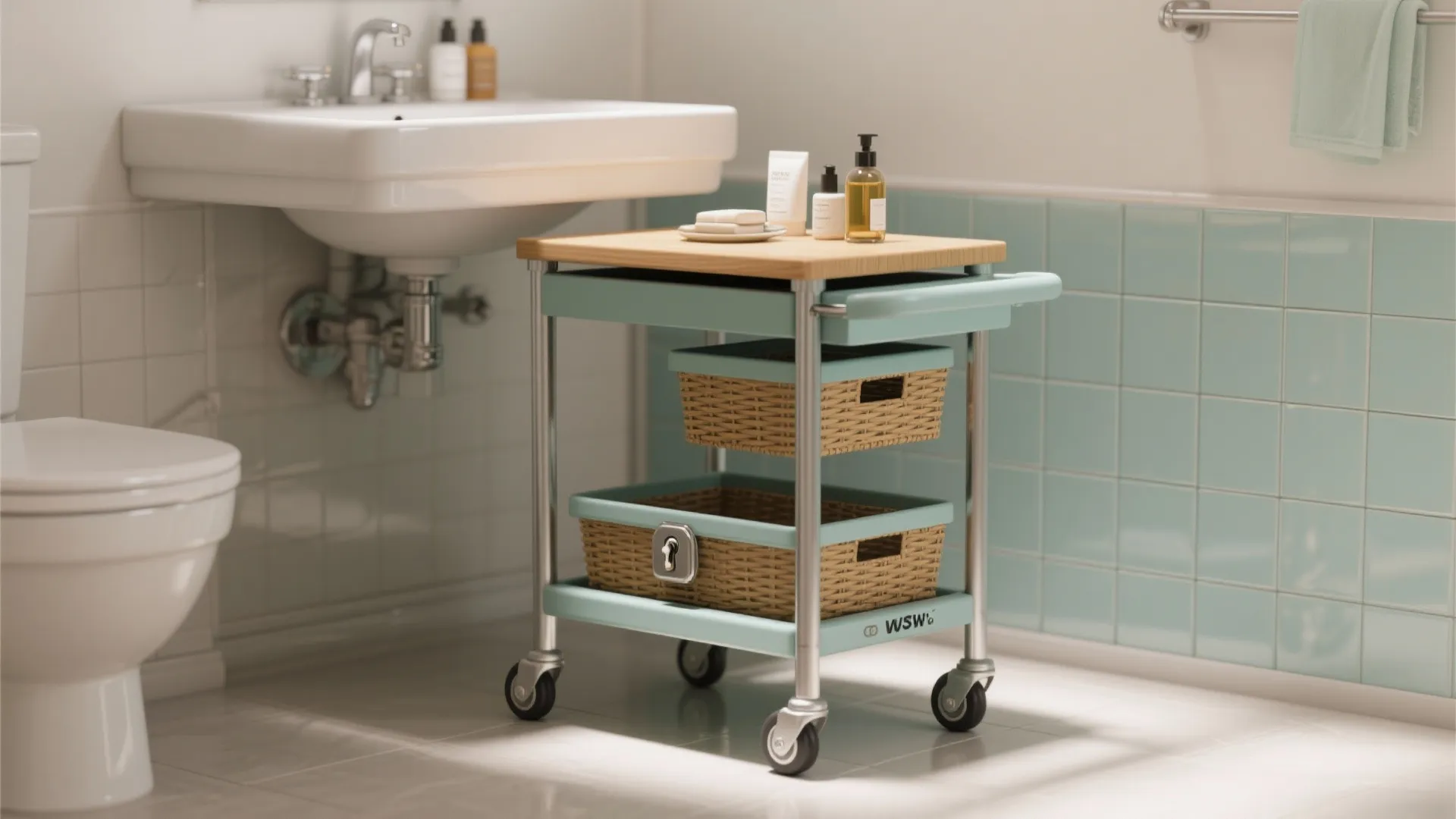 Mobile rolling caddy with painted metal frame and baskets used as a pull-out side table beside a sink.