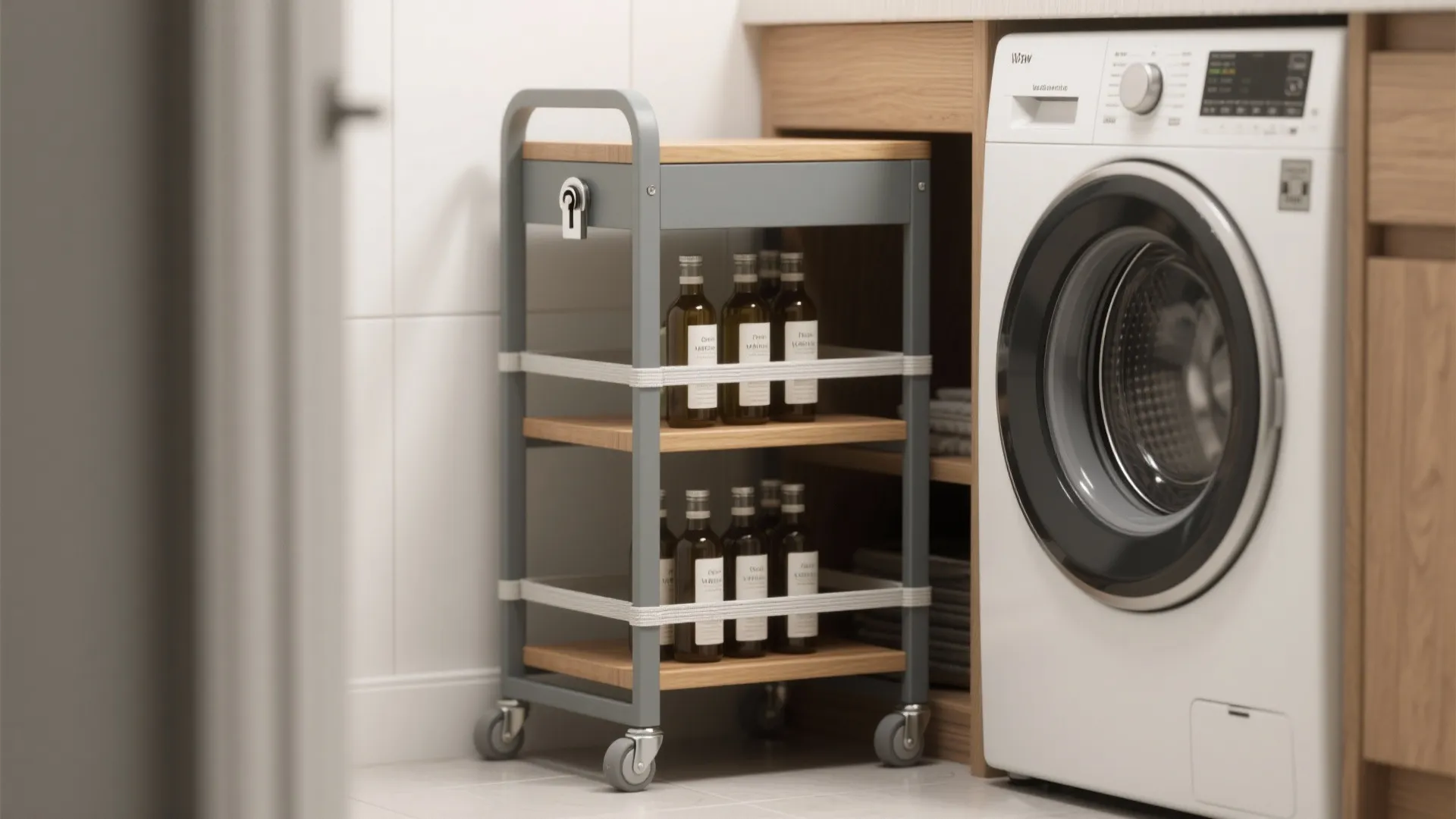 Slim stackable rolling cart with wooden shelves and lockable casters positioned next to a washer in a narrow laundry space.