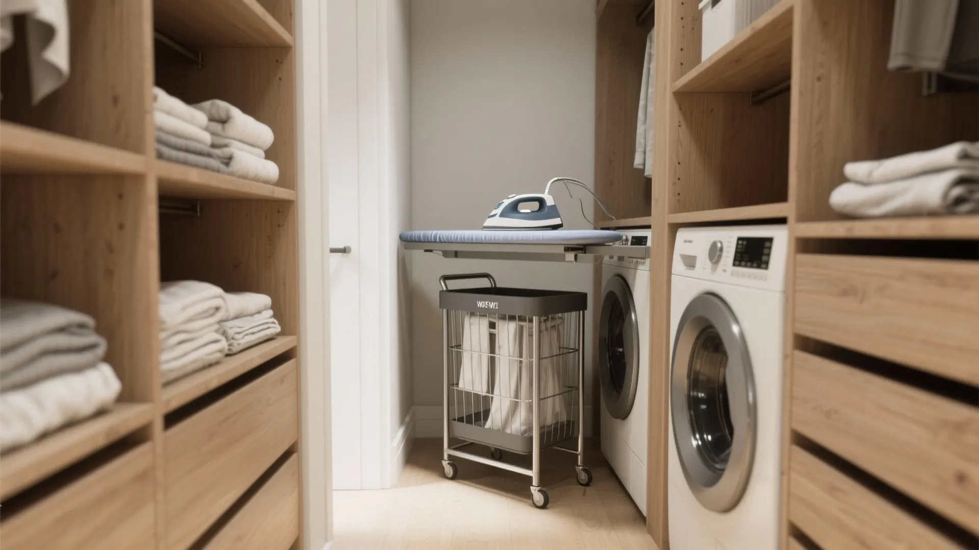 5. Hidden Rolling Laundry Cart and Multipurpose Closet