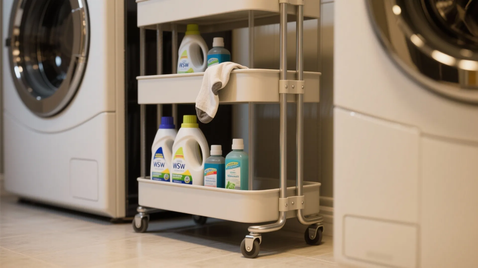 White rolling storage cart with three shelves holding laundry detergent bottles and cleaning supplies near washer