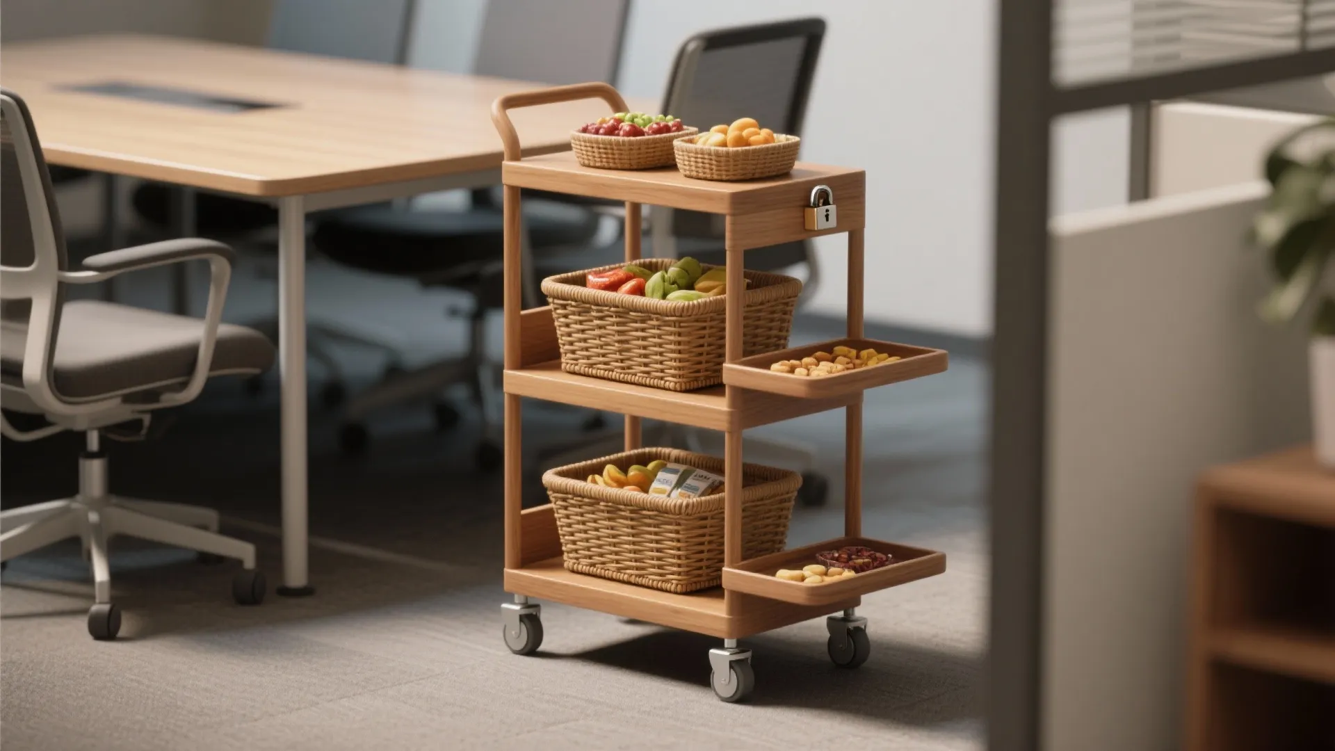 Three tier wooden rolling cart with baskets of fruit and snacks in a modern office