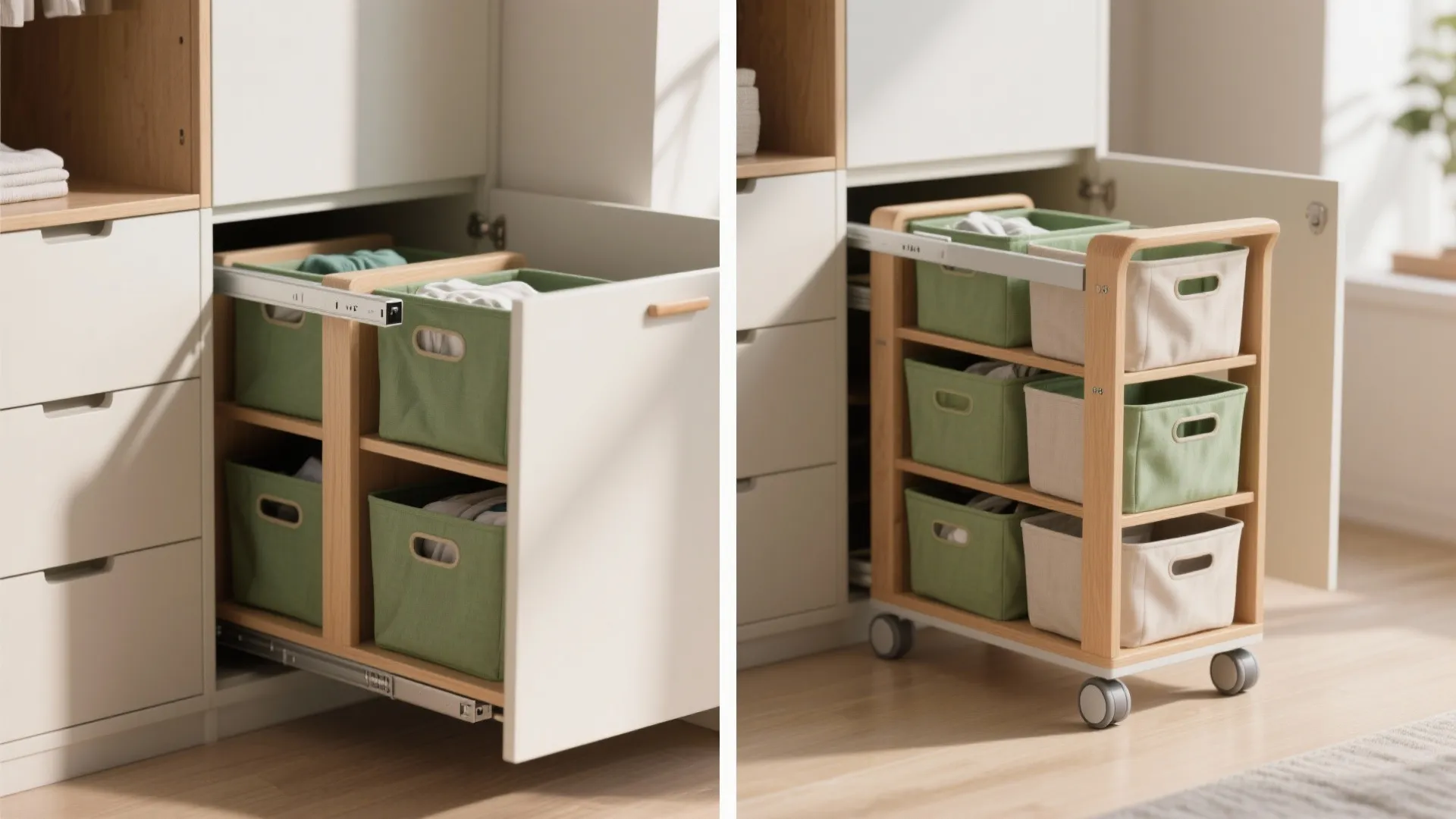Comparison of a pull-out cabinet shelf and a rolling wooden cart with green fabric bins