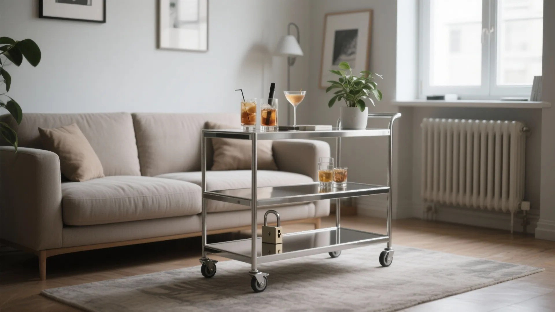 Modern stainless steel rolling kitchen cart with three shelves holding drinks and a small plant