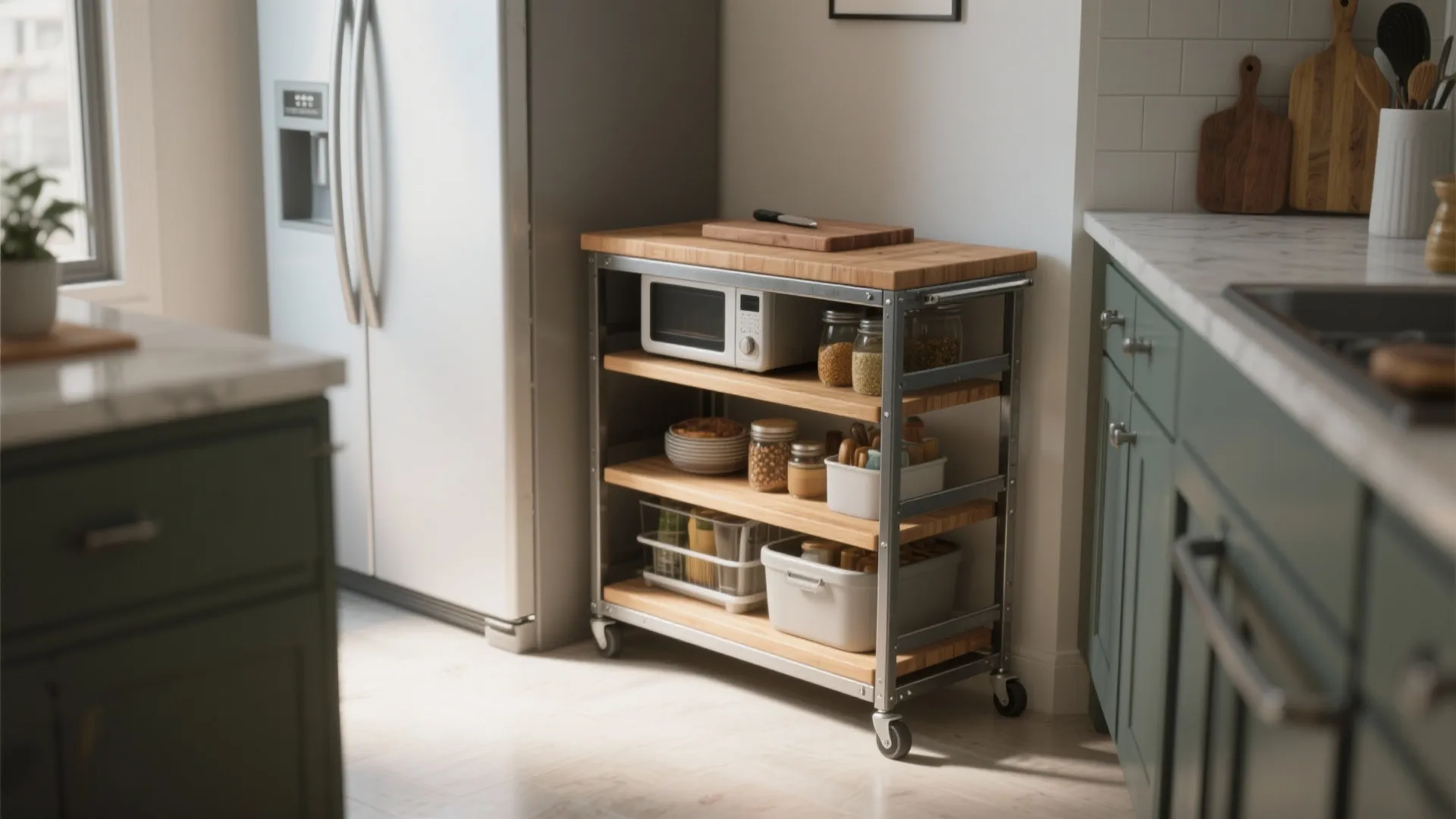 Slim rolling pantry cart between fridge and counter with adjustable shelves and a butcher-block top for extra prep space.