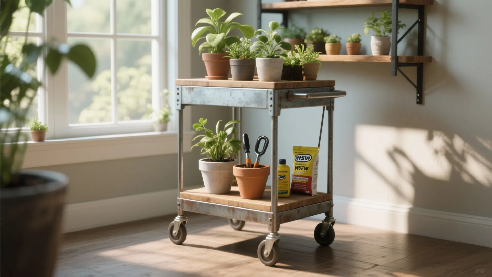 Industrial metal rolling cart with wooden shelves holding green potted plants and various gardening tools indoors