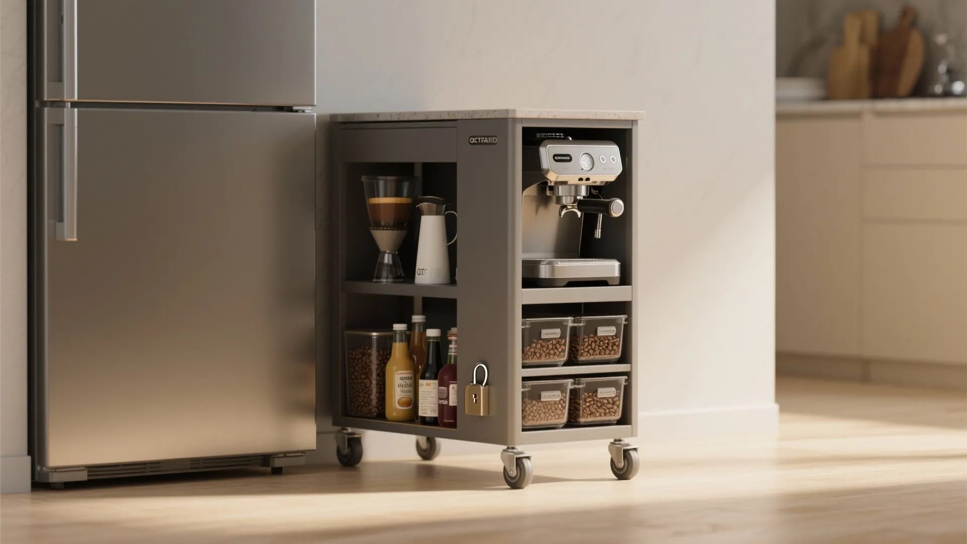 Small grey rolling cart with coffee machine and storage containers placed next to a refrigerator